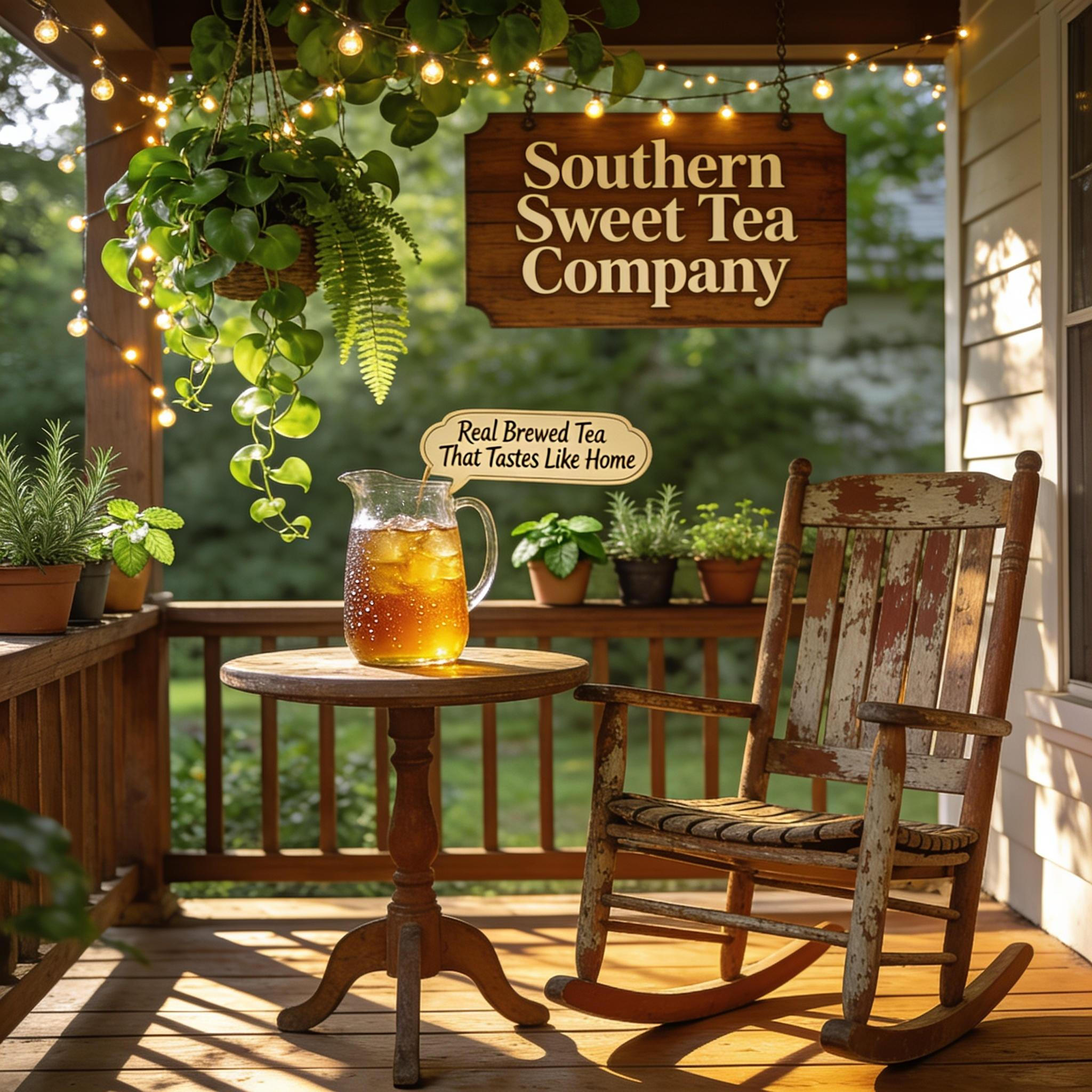 Southern porch with a wooden rocking chair and a pitcher of iced tea
