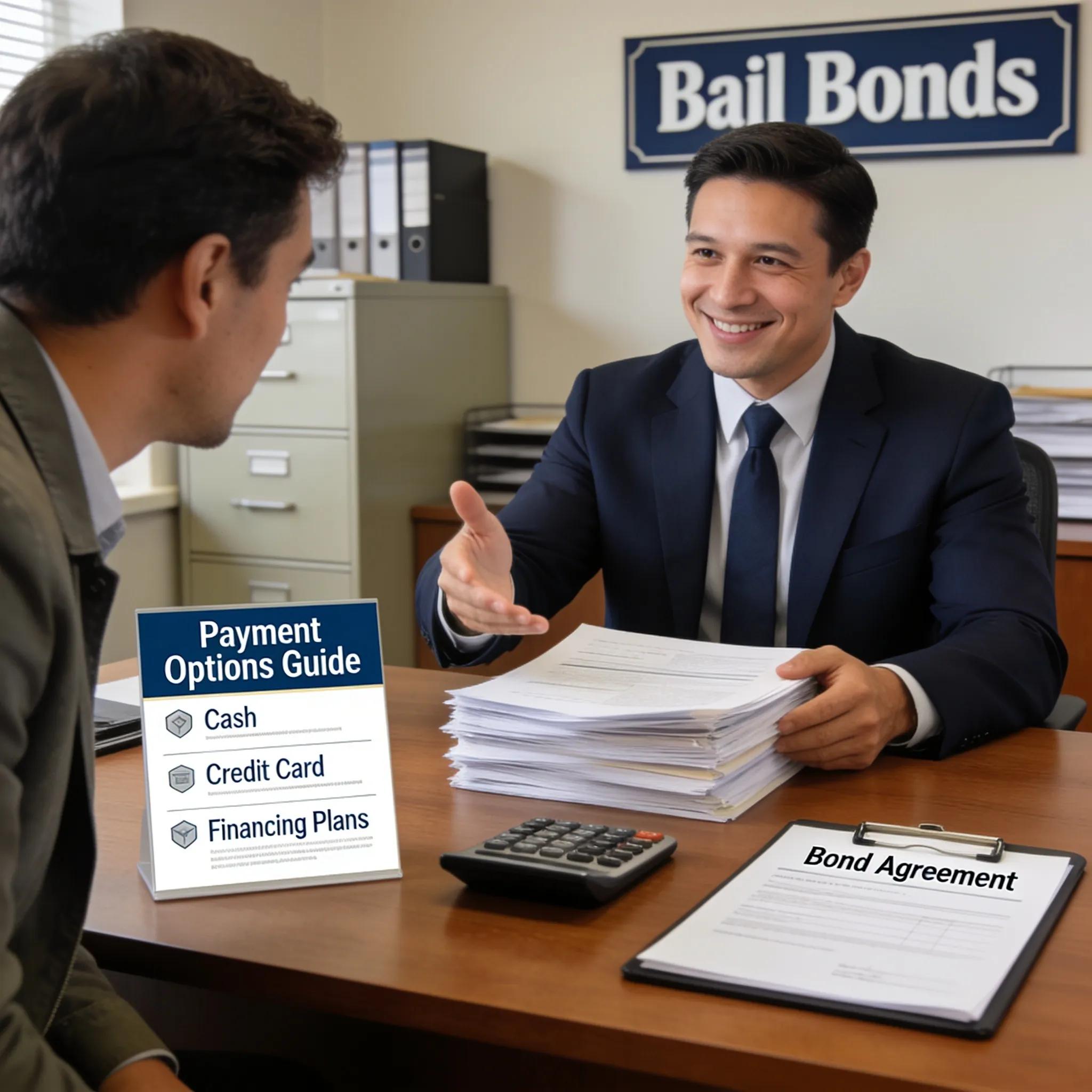 Client discussing payment options with a bail bondsman in a clear and transparent office setting Client discussing payment options with a bail bondsman in a clear and transparent office setting
