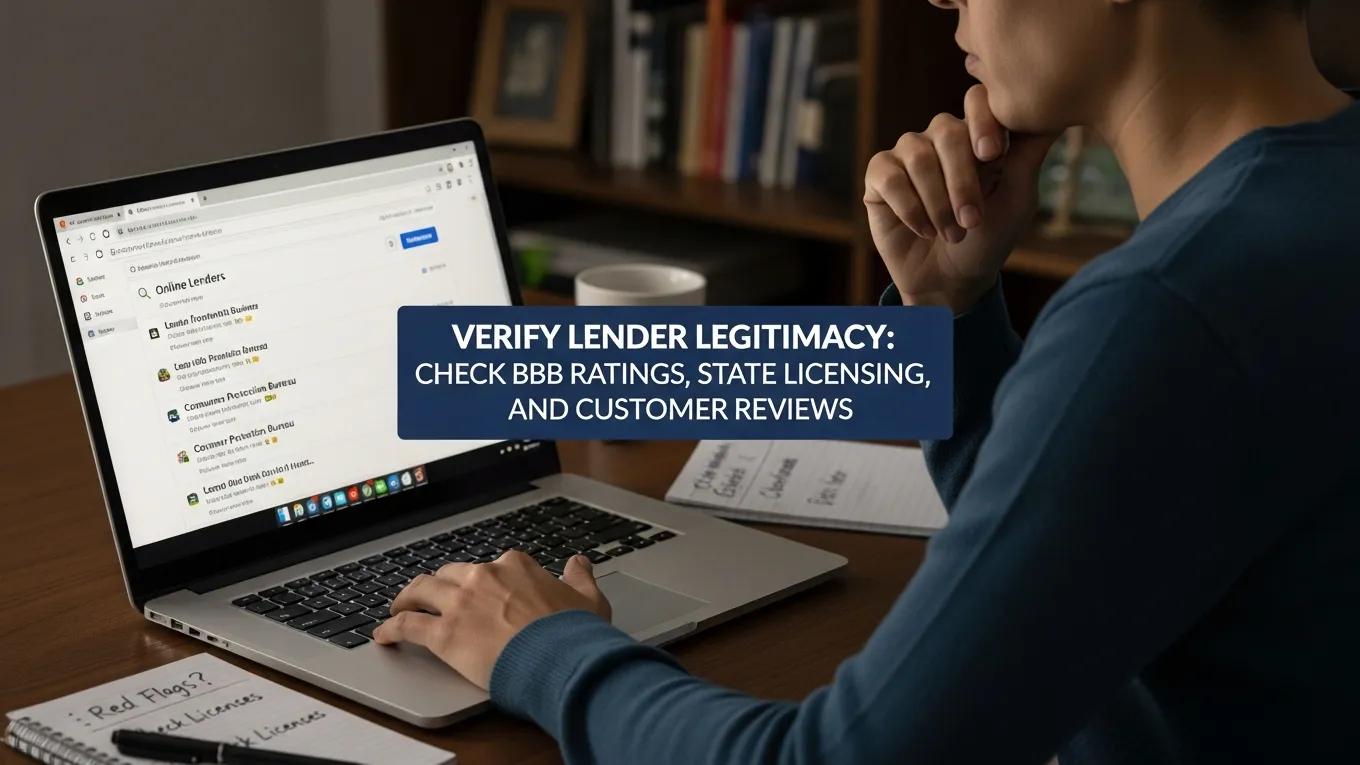 Person using a laptop to verify online lenders, with text overlay emphasizing the importance of checking BBB ratings, state licensing, and customer reviews for safe borrowing practices.