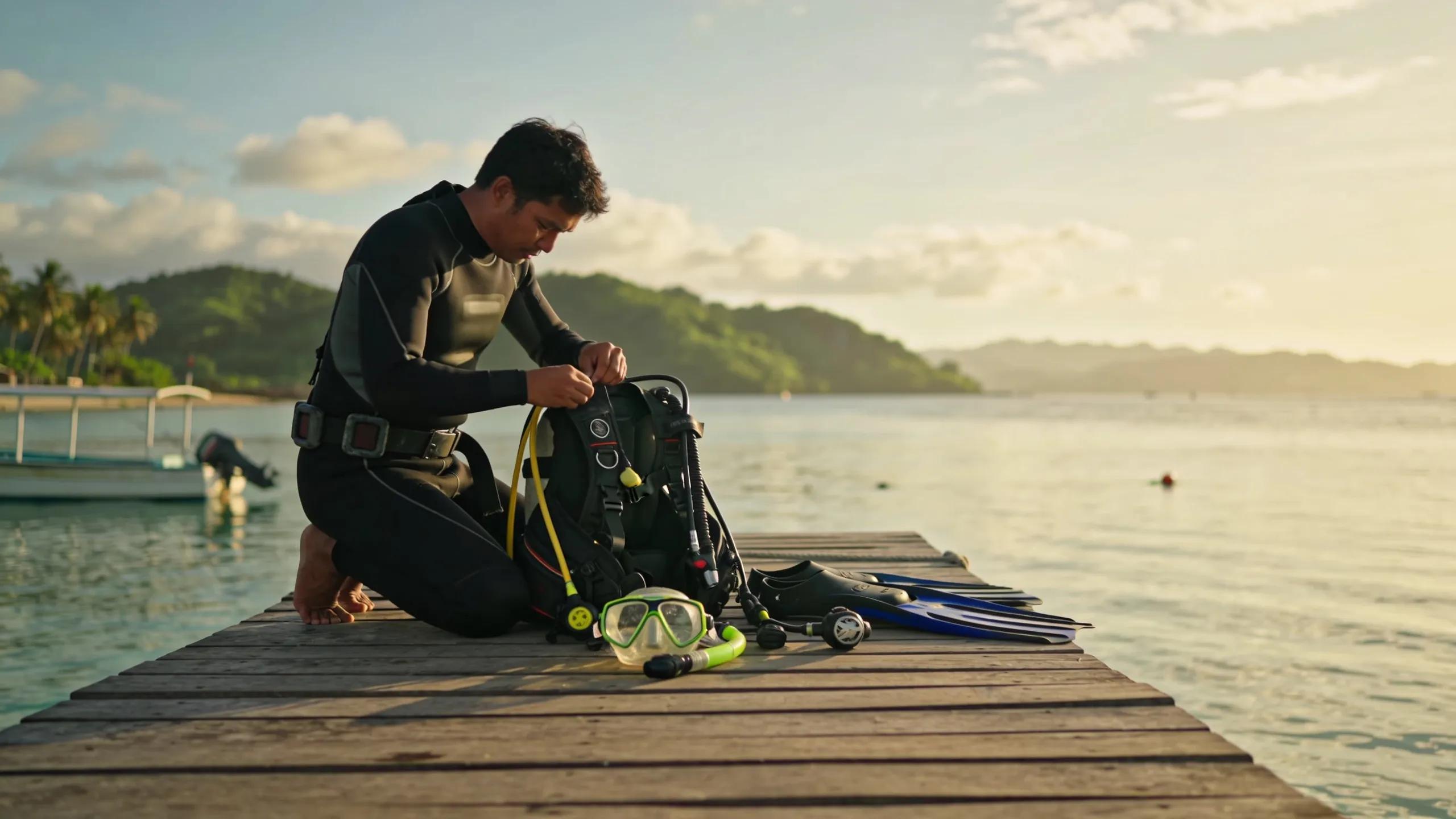 Diver preparing diving equipment on a dock in Anilao, Philippines, highlighting the serene atmosphere before diving