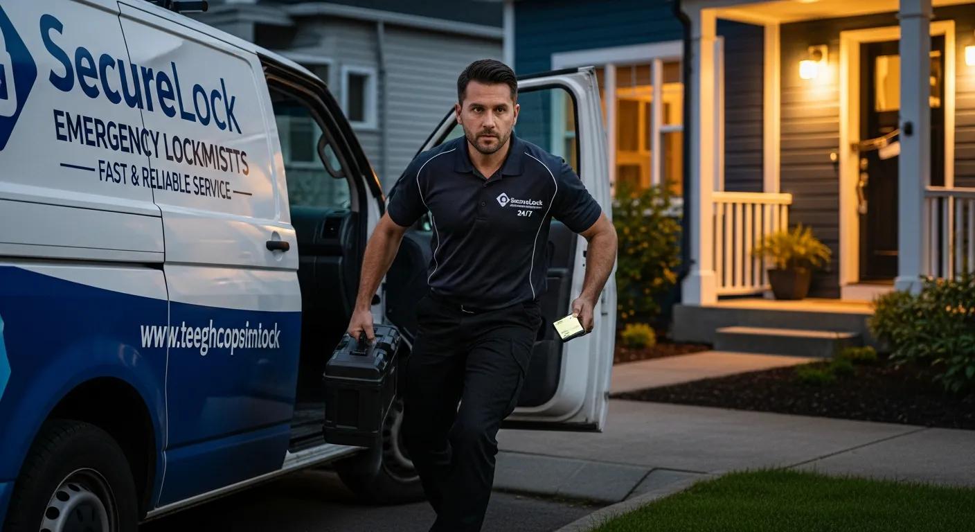 Emergency locksmith arriving at a property, showcasing urgency and reliability in service
