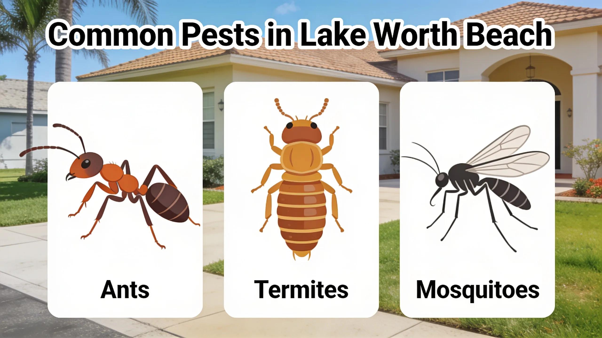 Common pests in Lake Worth Beach including ants, termites, and mosquitoes