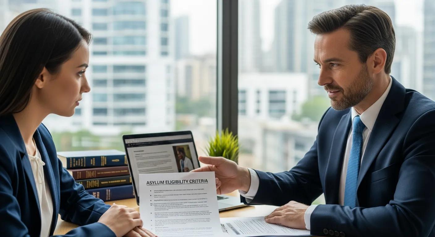 Lawyer explaining legal eligibility criteria for asylum to a client in a professional office setting.