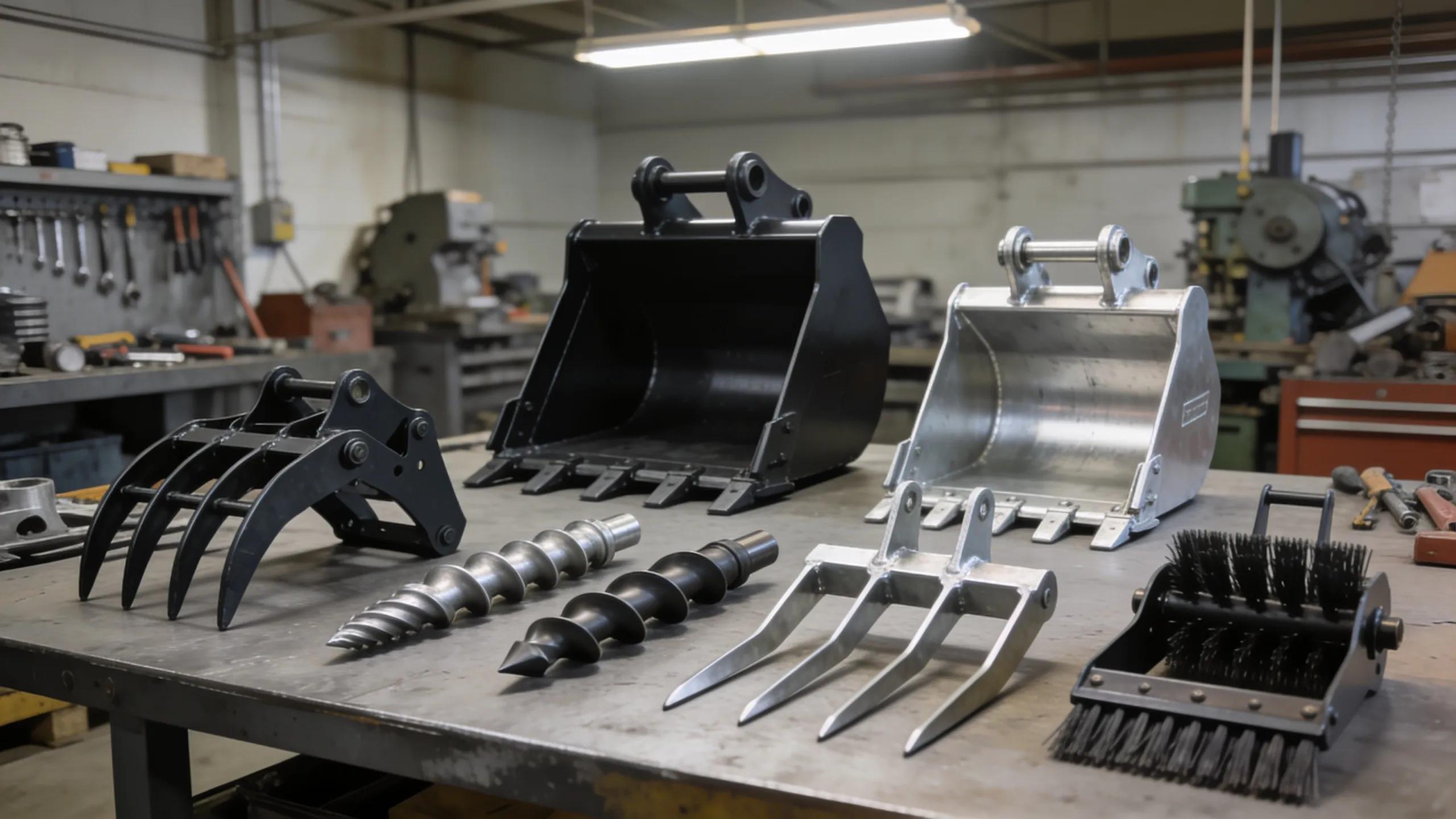 Variety of skid steer attachments including buckets, grapples, and augers displayed on a workshop table