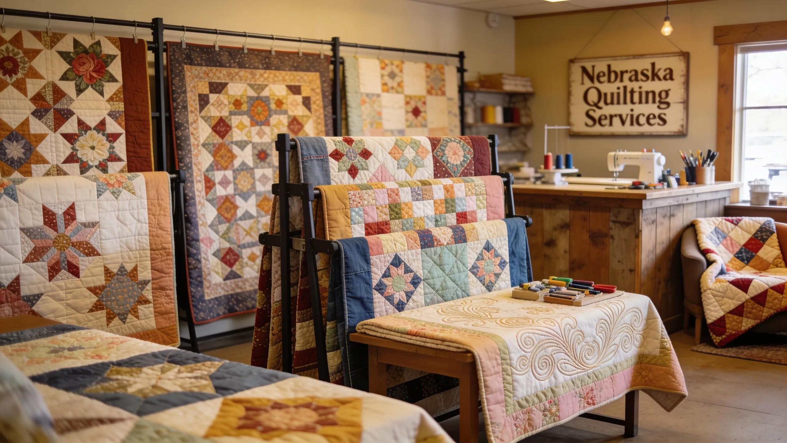 Diverse range of quilts displayed in a quilting shop, illustrating various long arm quilting styles and available services in Nebraska