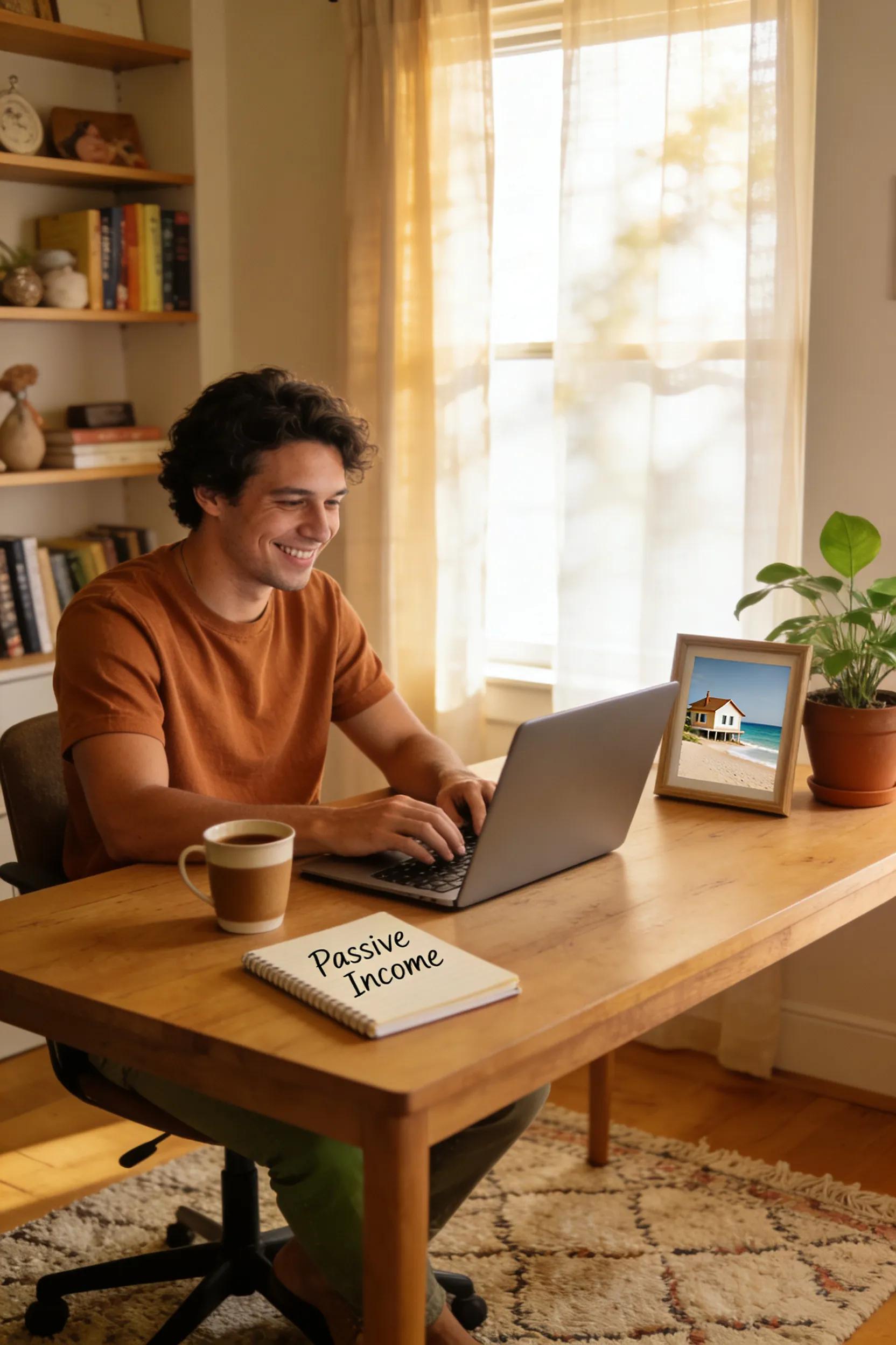 Individual enjoying financial freedom at home, working on a laptop symbolizing passive income from real estate