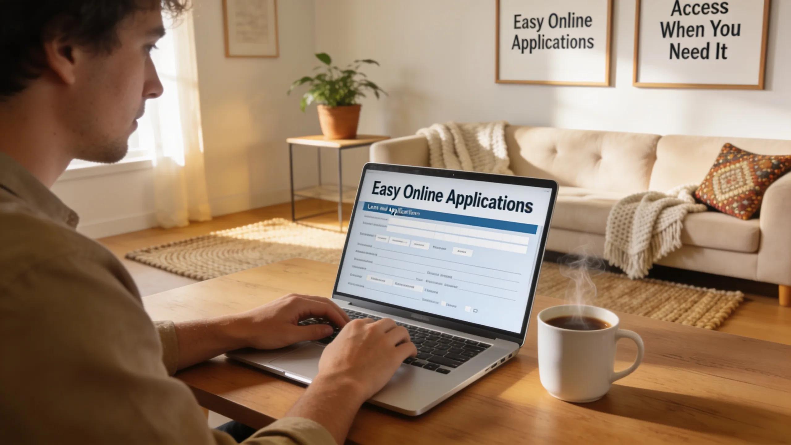 Person completing an online payday loan application on a laptop in a cozy room, illustrating the accessibility of the process