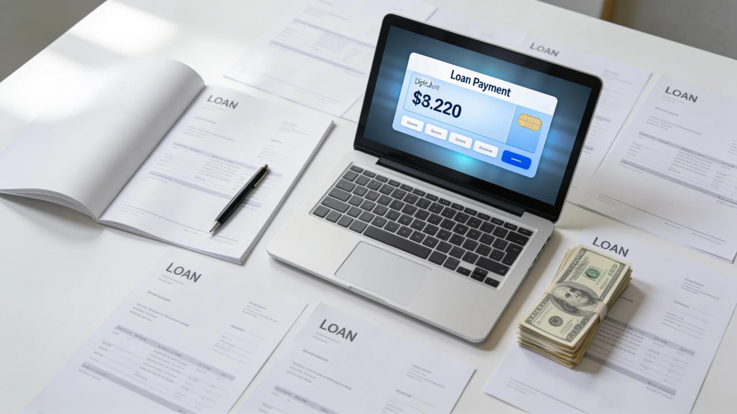 Flat lay of loan documents and payment tools highlighting fees and repayment terms for payday loans