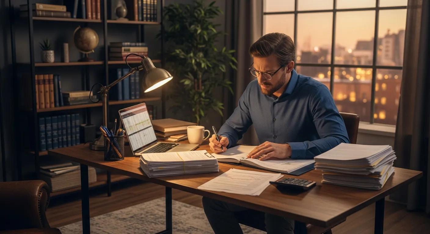 Financial analyst reviewing distressed mortgage notes in a cozy office setting