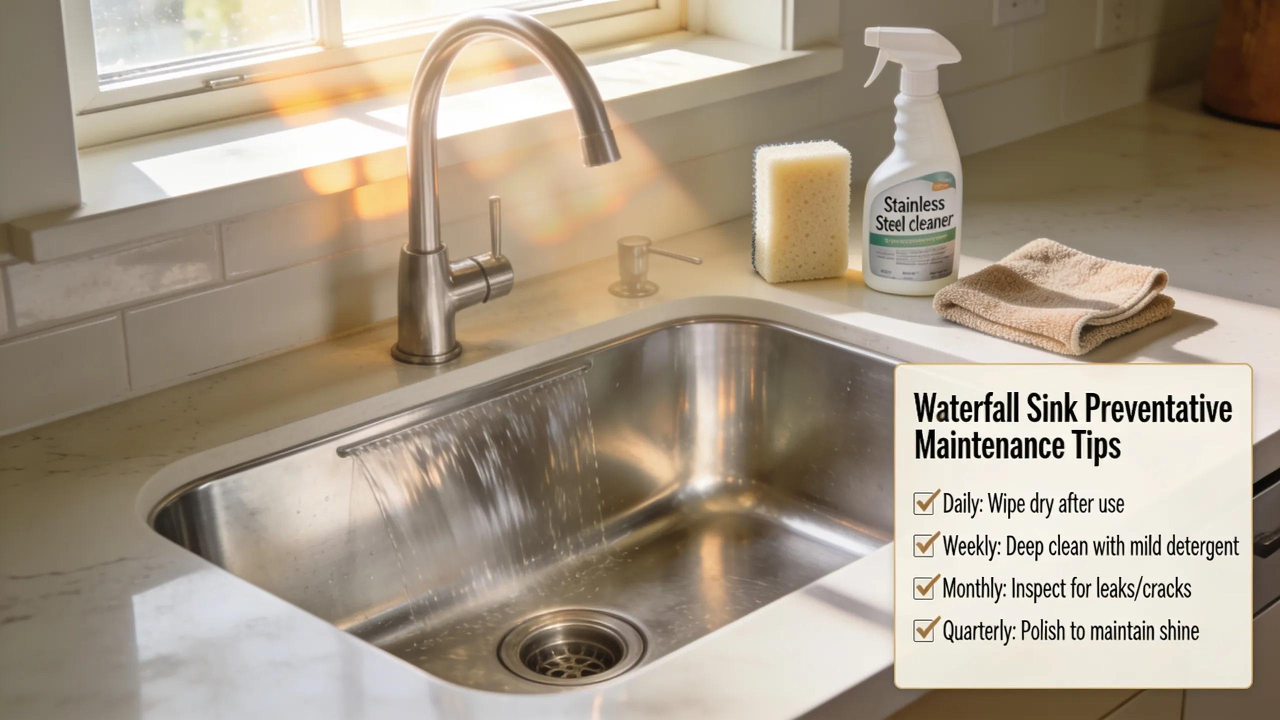 Checklist and cleaning supplies next to a well-maintained stainless steel waterfall sink in a sunlit kitchen