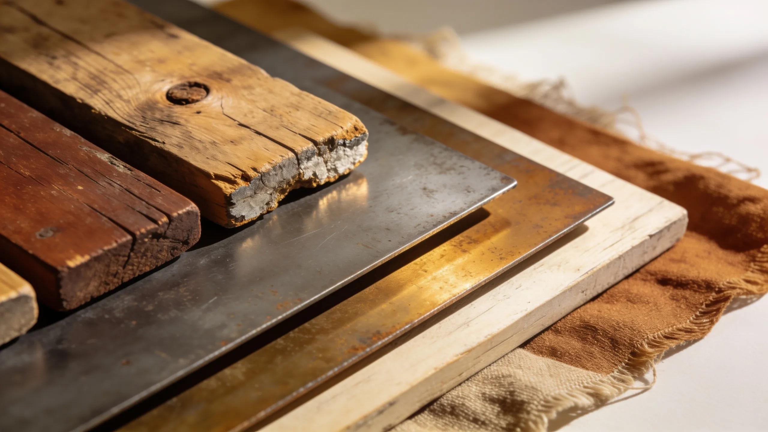 Close-up of sustainable materials like reclaimed wood and organic fabrics used in modern hotel design
