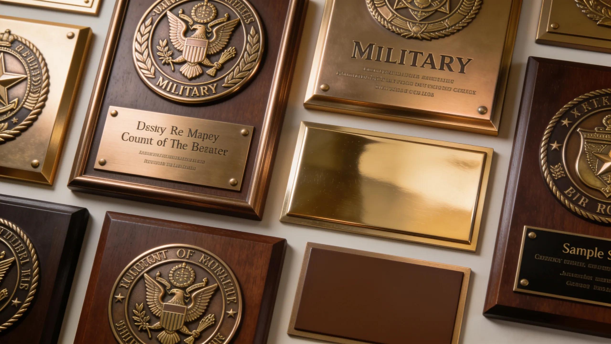 Customization elements for bevel bronze plaques featuring designs, fonts, and finishes