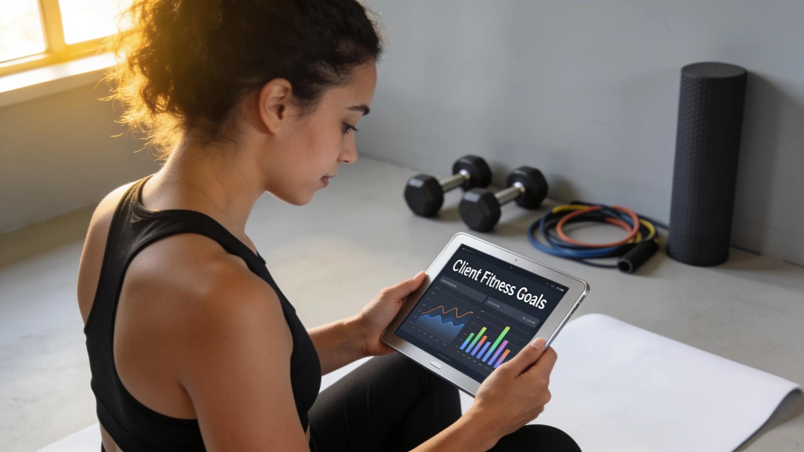Personal trainer analysing fitness data on a tablet with a client during an online session