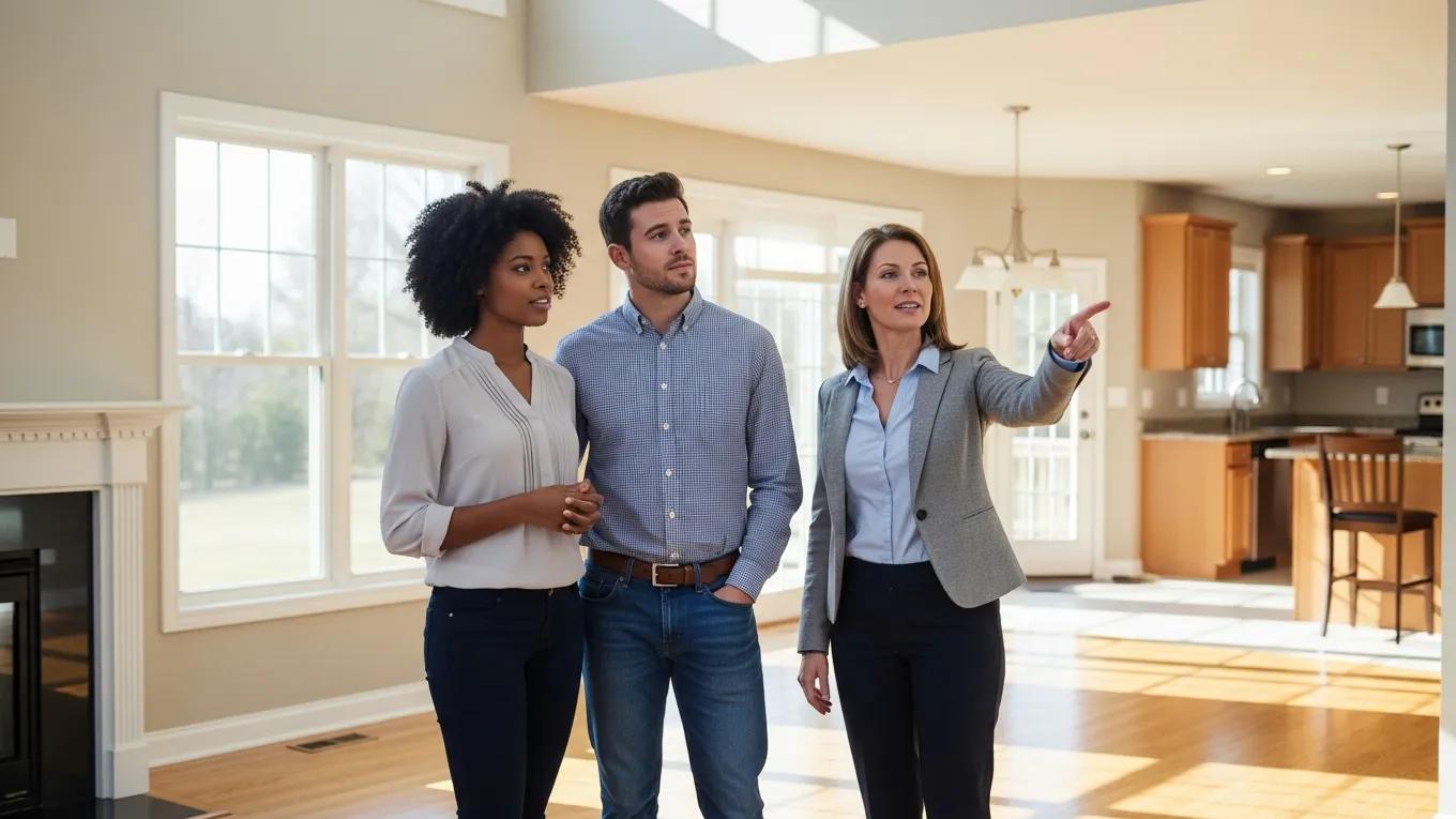 Young mixed race couple exploring homes with a real estate agent in Wellington Manassas Young mixed race couple exploring homes with a real estate agent in Wellington Manassas