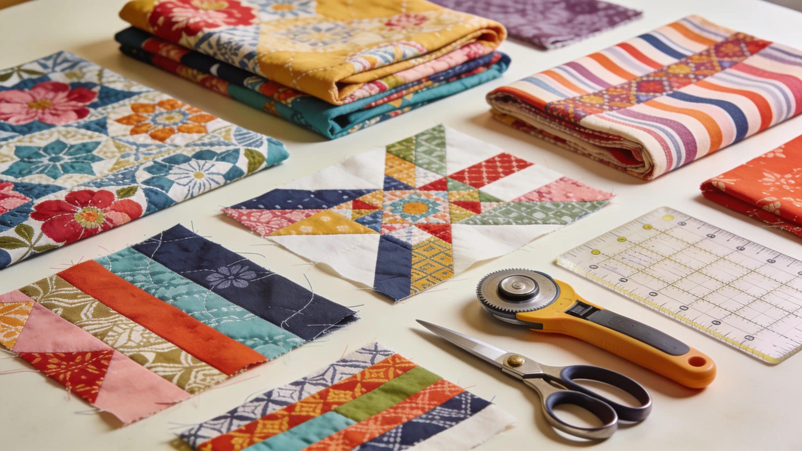 Colorful quilting fabrics and tools illustrating the fussy cutting technique for unique quilt designs