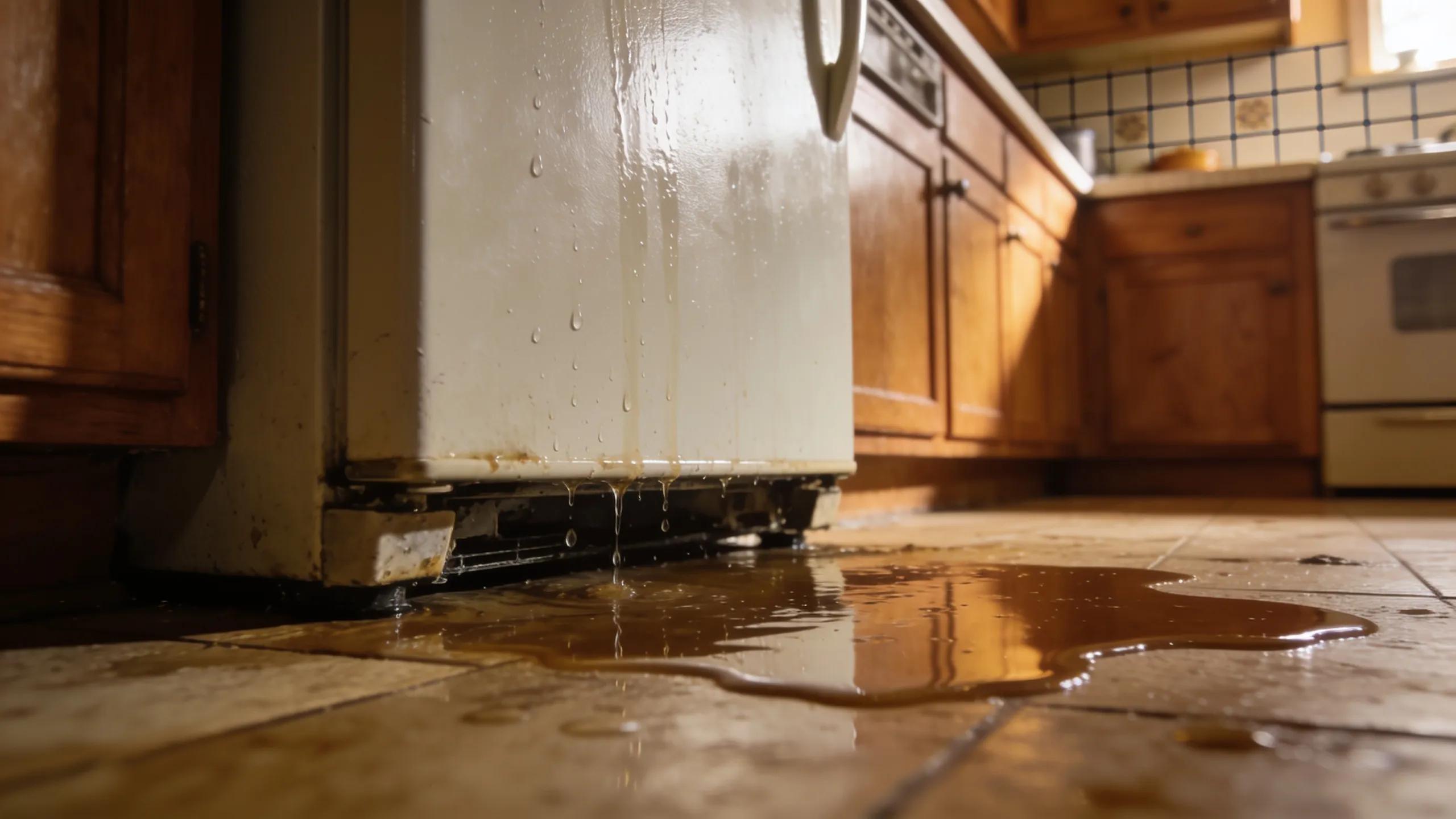 Close-up of a leaking refrigerator indicating signs of malfunction and the need for urgent repair services