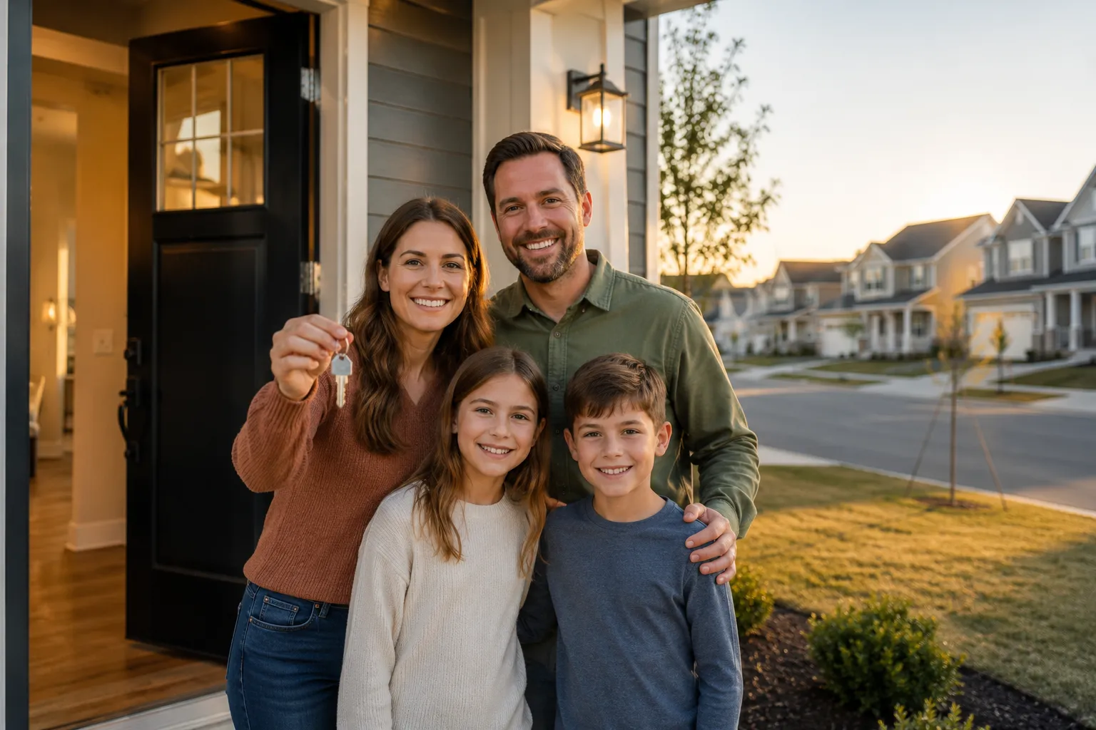 A family standing outside the front door of a newly built home in Virginia, holding a house key, smiling in late afternoon golden hour light A family standing outside the front door of a newly built home in Virginia, holding a house key, smiling in late afternoon golden hour light