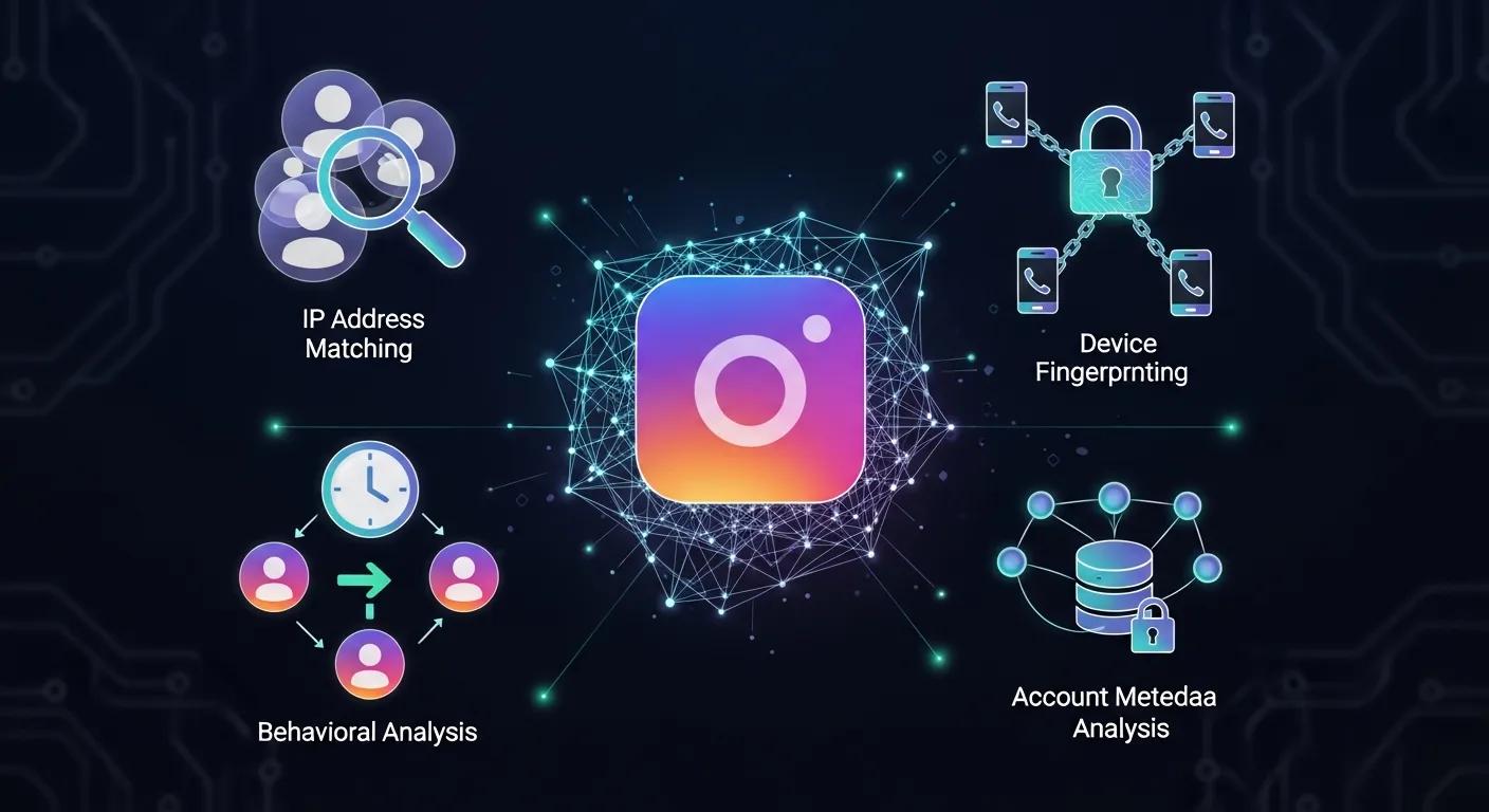 Digital security icons representing Instagram's detection methods for multiple accounts