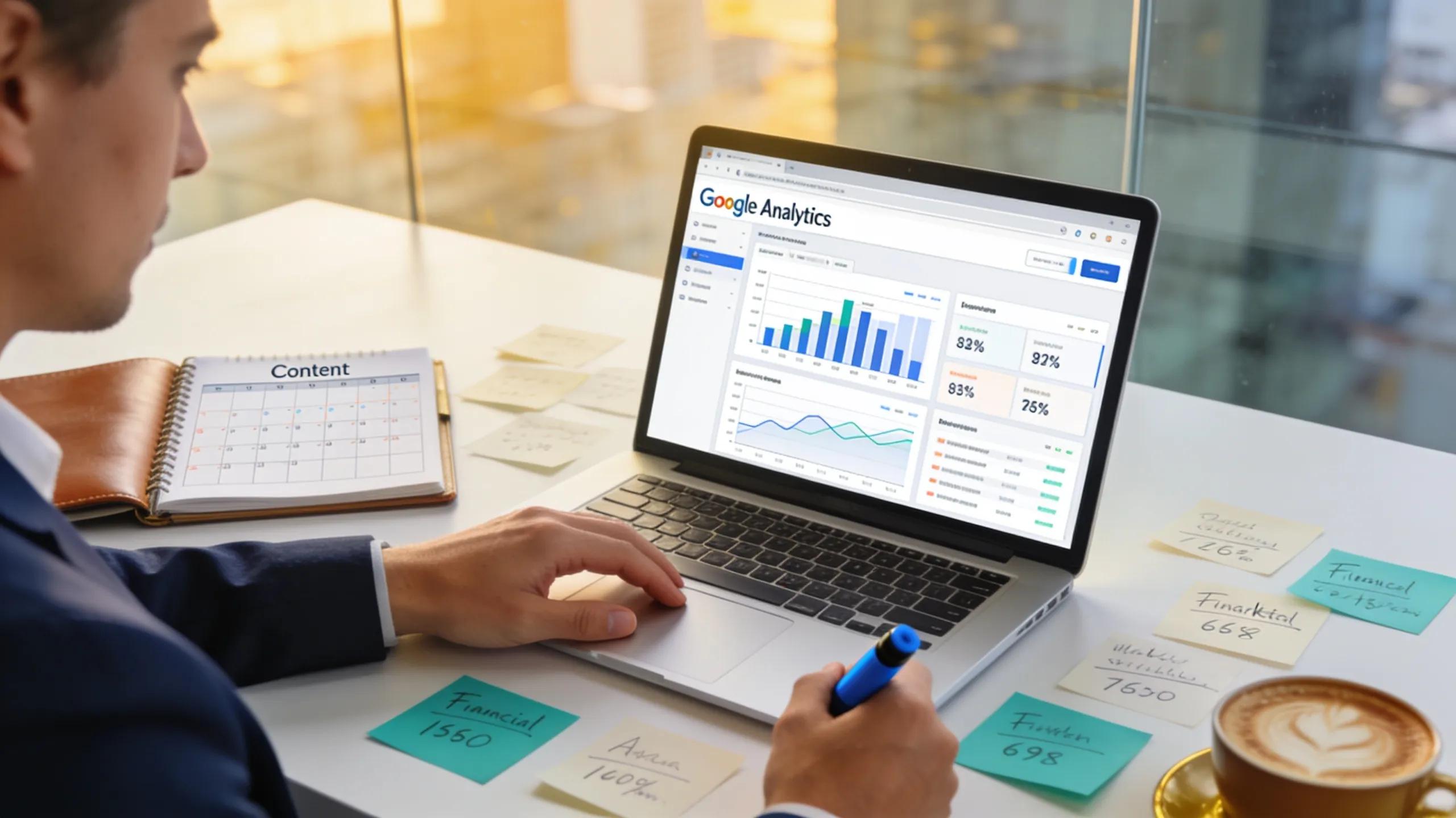 Wealth coach reviewing digital visibility metrics on a laptop in a professional office