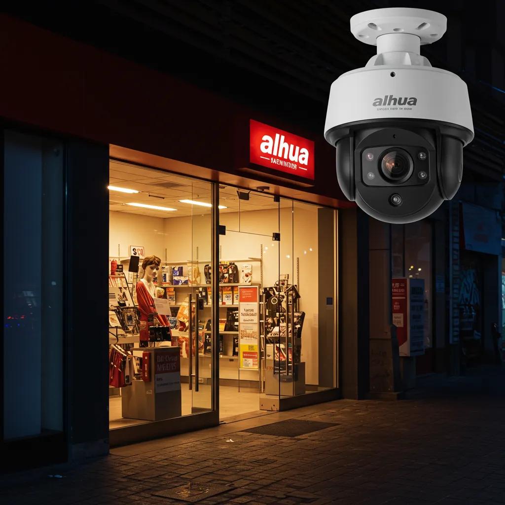 Dahua 4K camera demonstrating Full-color technology in a retail environment at night