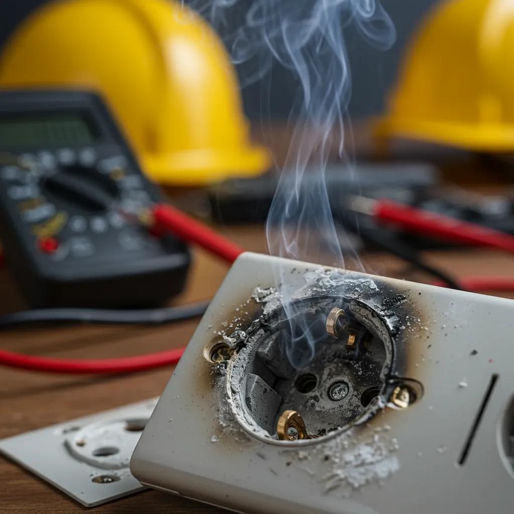 Damaged electrical outlet with burn marks, highlighting the urgency of calling an emergency electrician for immediate assistance.