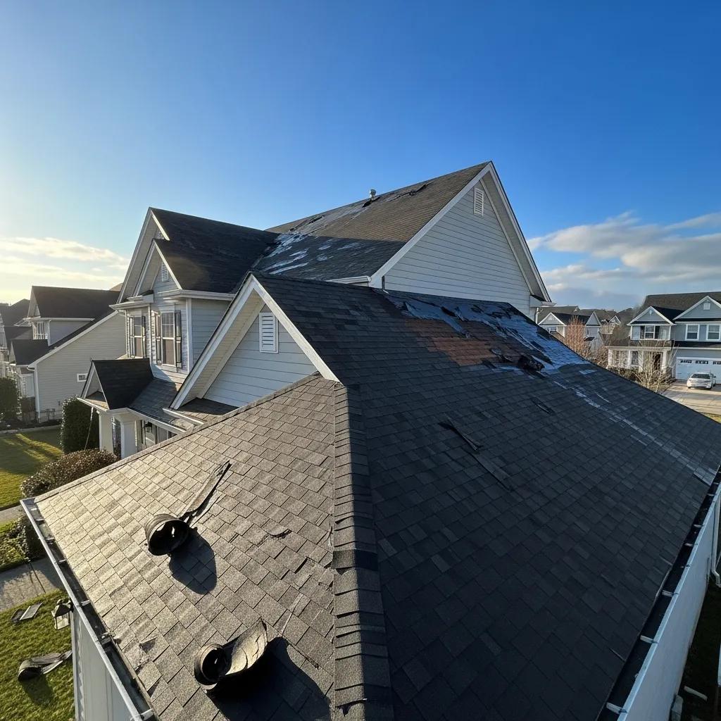 Storm-damaged roof with missing shingles and interior water stains
