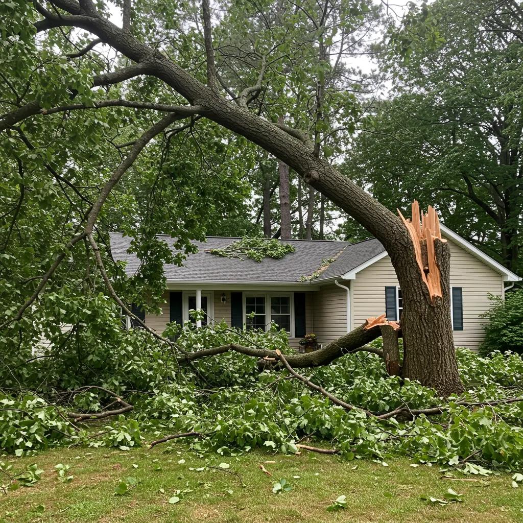 A large tree limb precariously hanging over a house, highlighting the urgent need for emergency tree trimming after severe weather