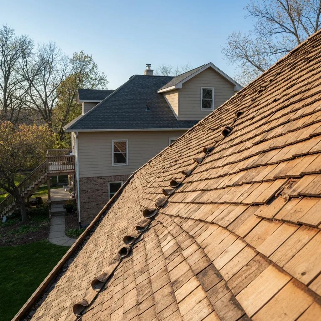 Kansas City home with a wood roof showing curled shingles and rot
