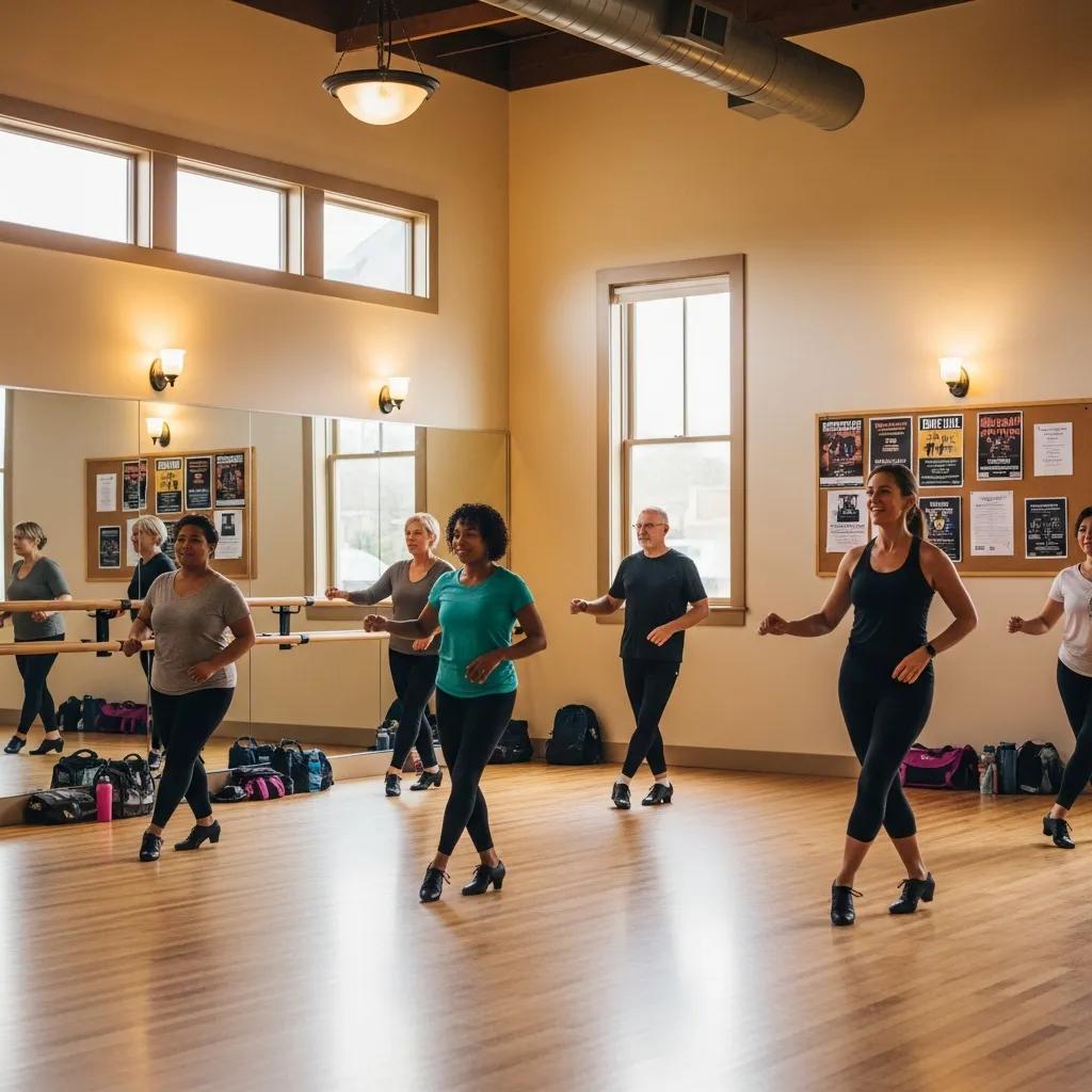 Instructor leading a friendly beginner line dance class in a bright studio