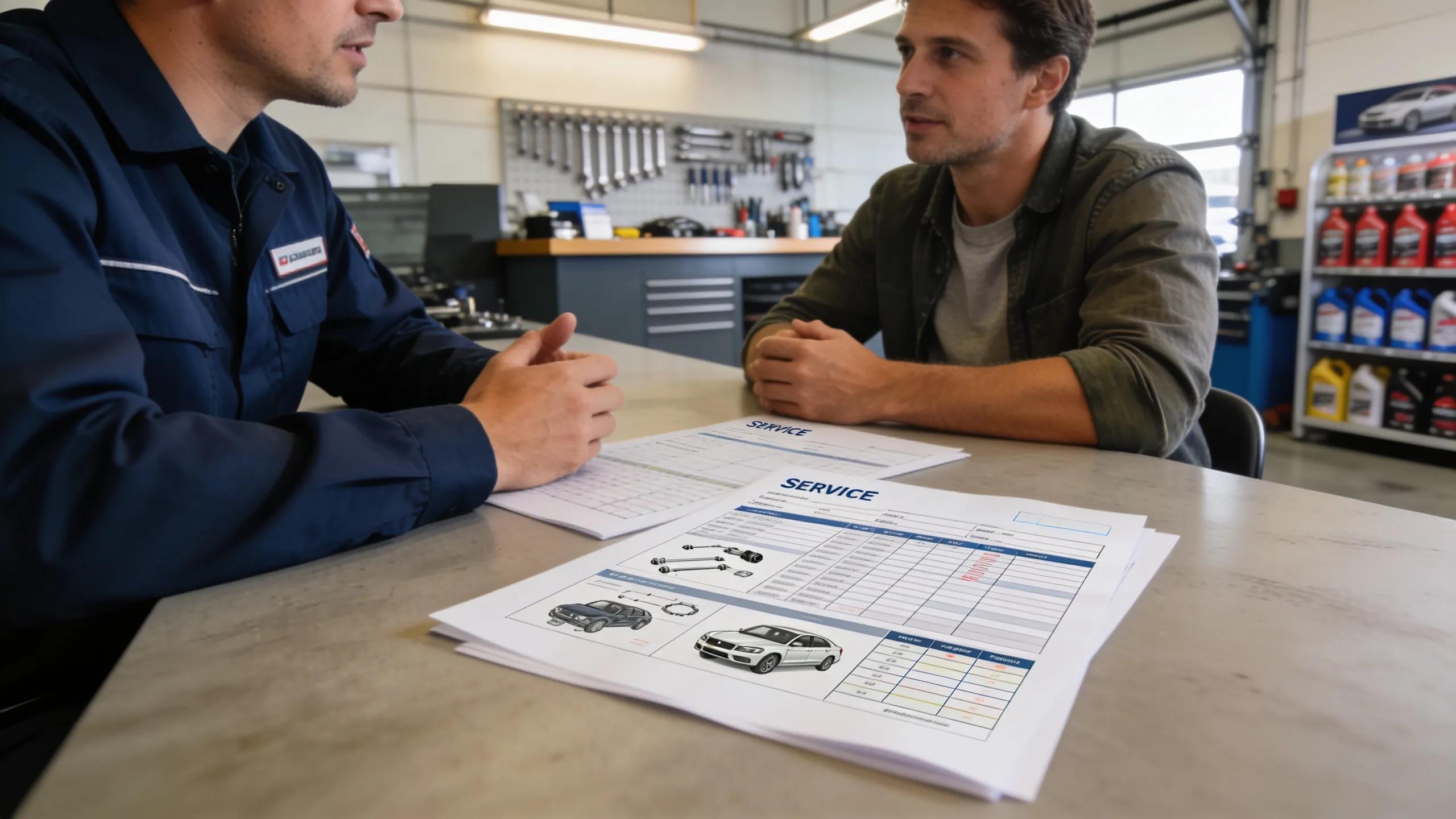 Service advisor consulting with a customer in an auto repair shop, representing customer transactions and service efficiency