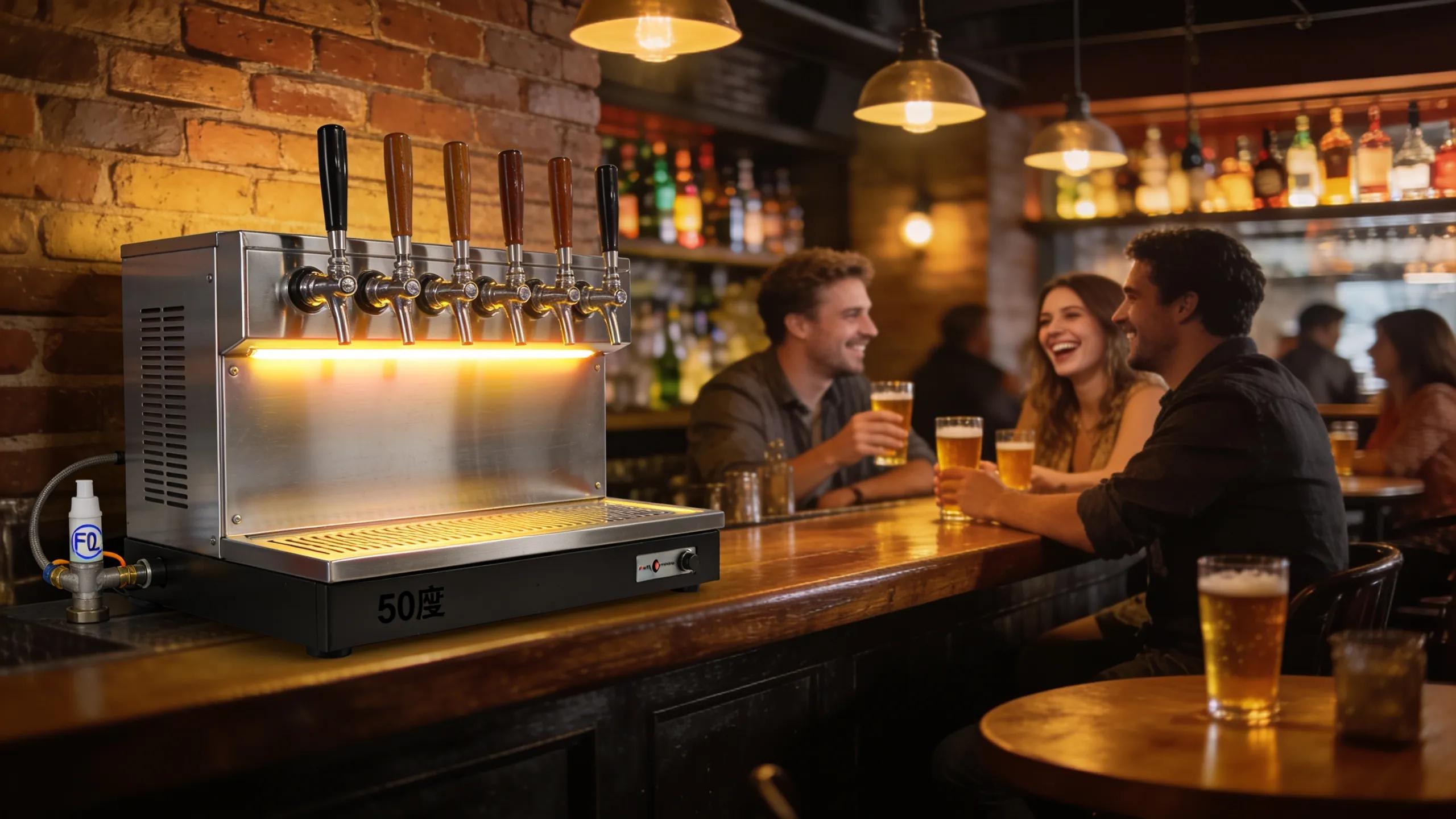 Commercial draft beer dispensers in a lively bar, featuring both 50-seat systems and countertop CO2 solutions