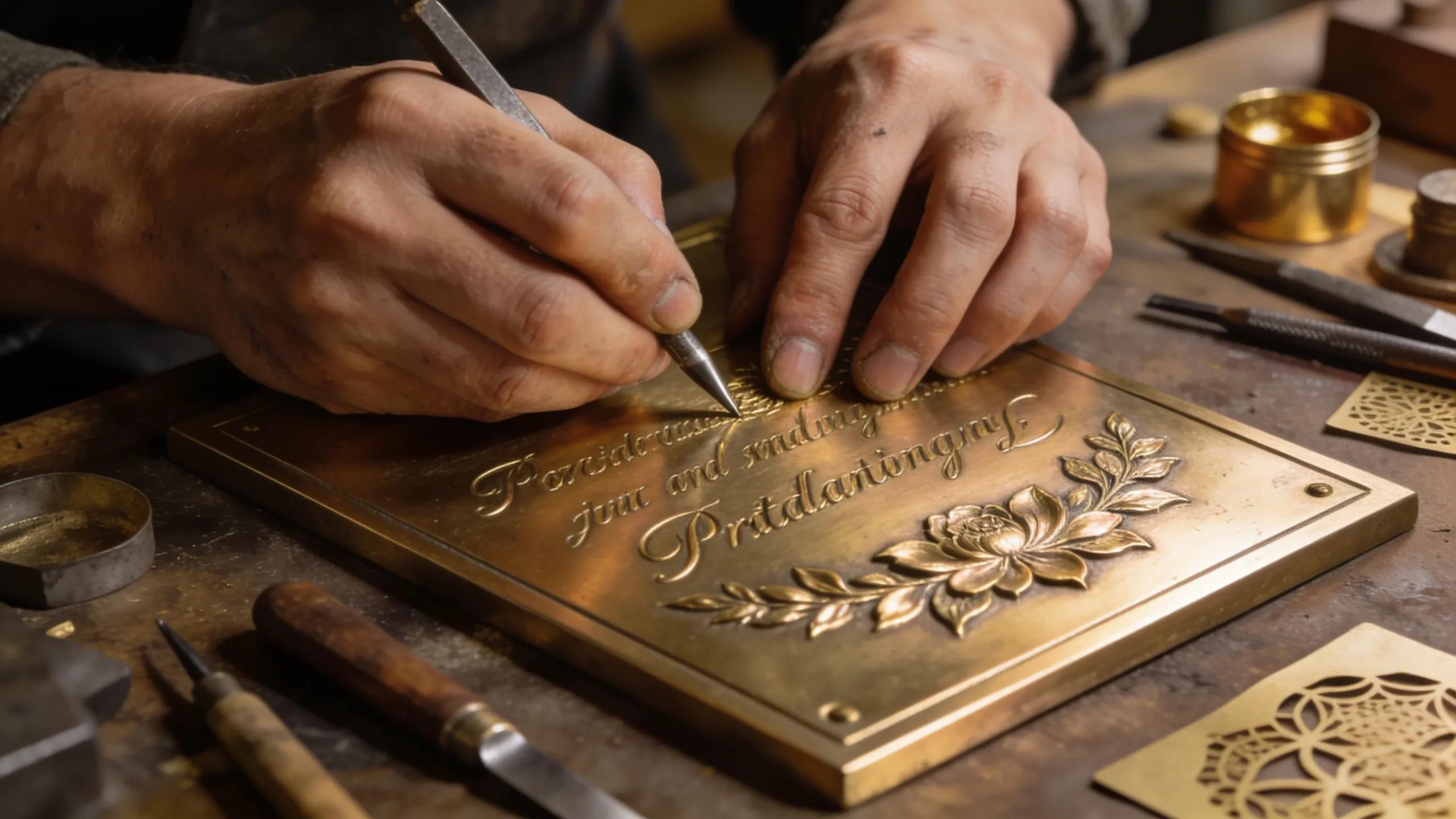 Artisan customizing a bevel bronze plaque with engravings and design motifs