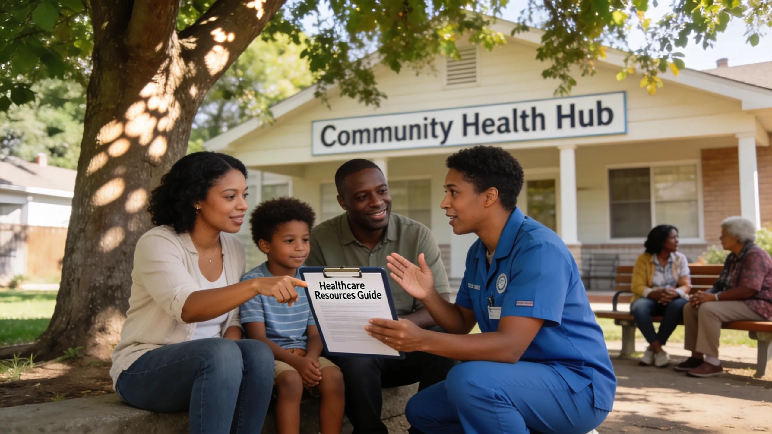 Community worker discussing social determinants of health with families in a supportive environment