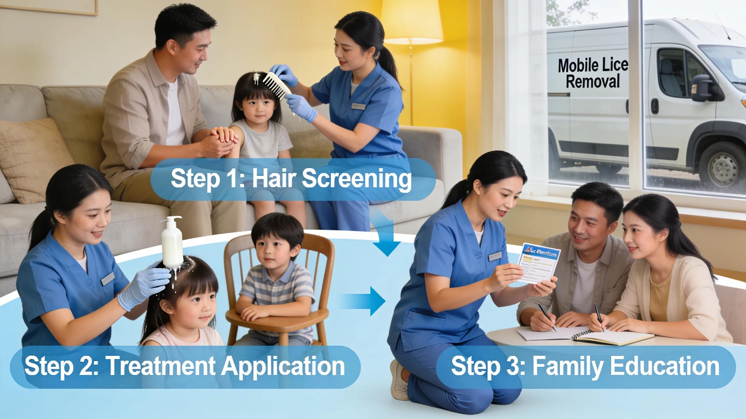 Technician explaining lice treatment process to family during an in-home visit for lice removal in Atlanta