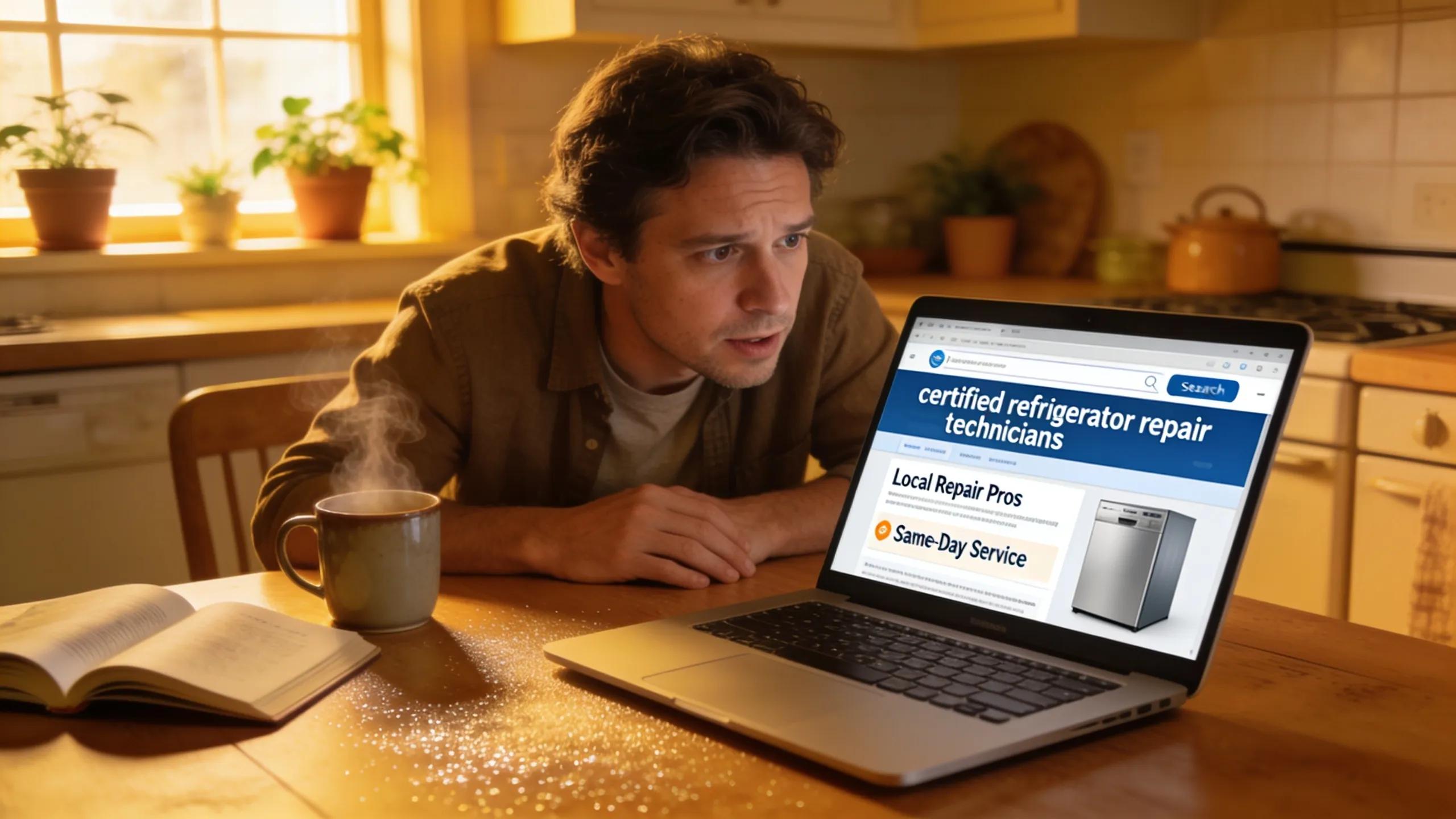 Homeowner searching for affordable refrigerator repair specialists online at a cozy kitchen table.