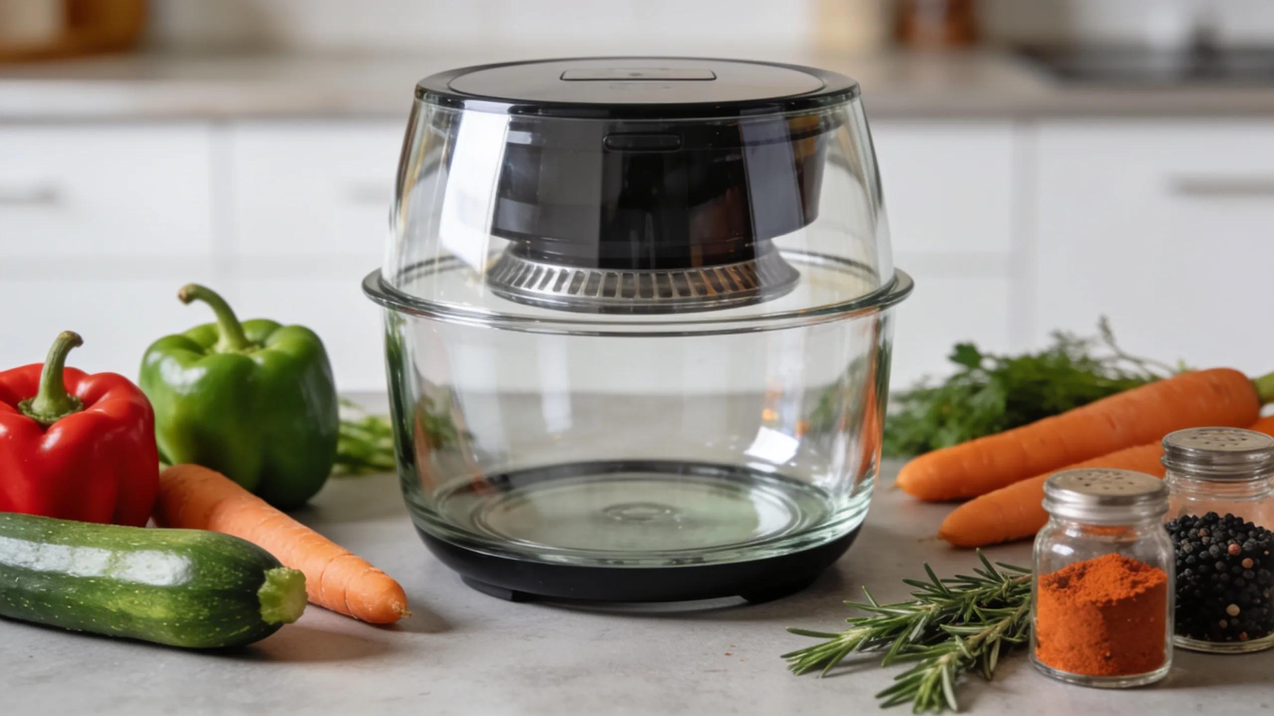 Modern glass air fryer in a stylish kitchen with fresh vegetables and spices, promoting healthy cooking