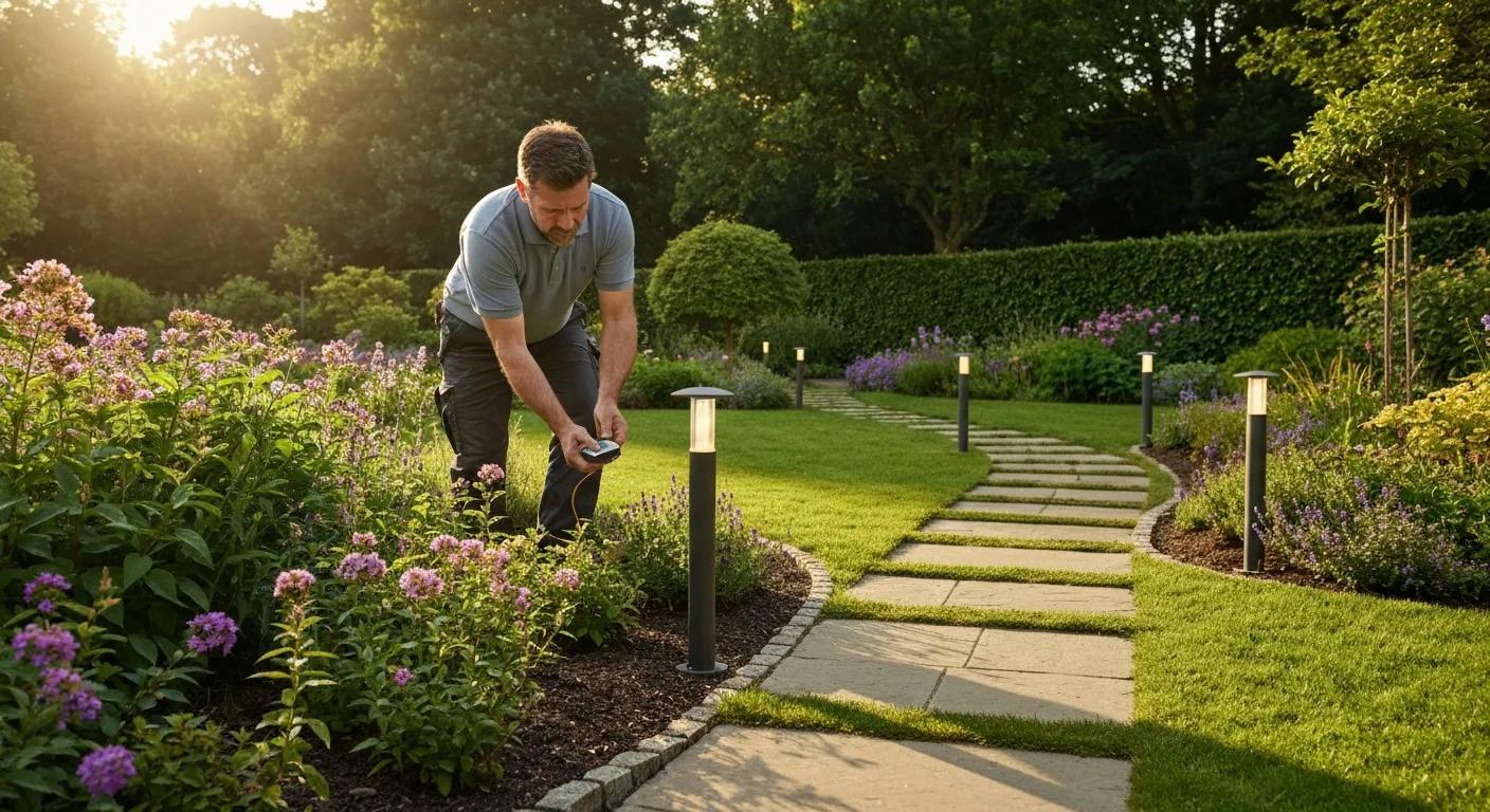 Person installing remote-controlled garden lighting in a garden setting