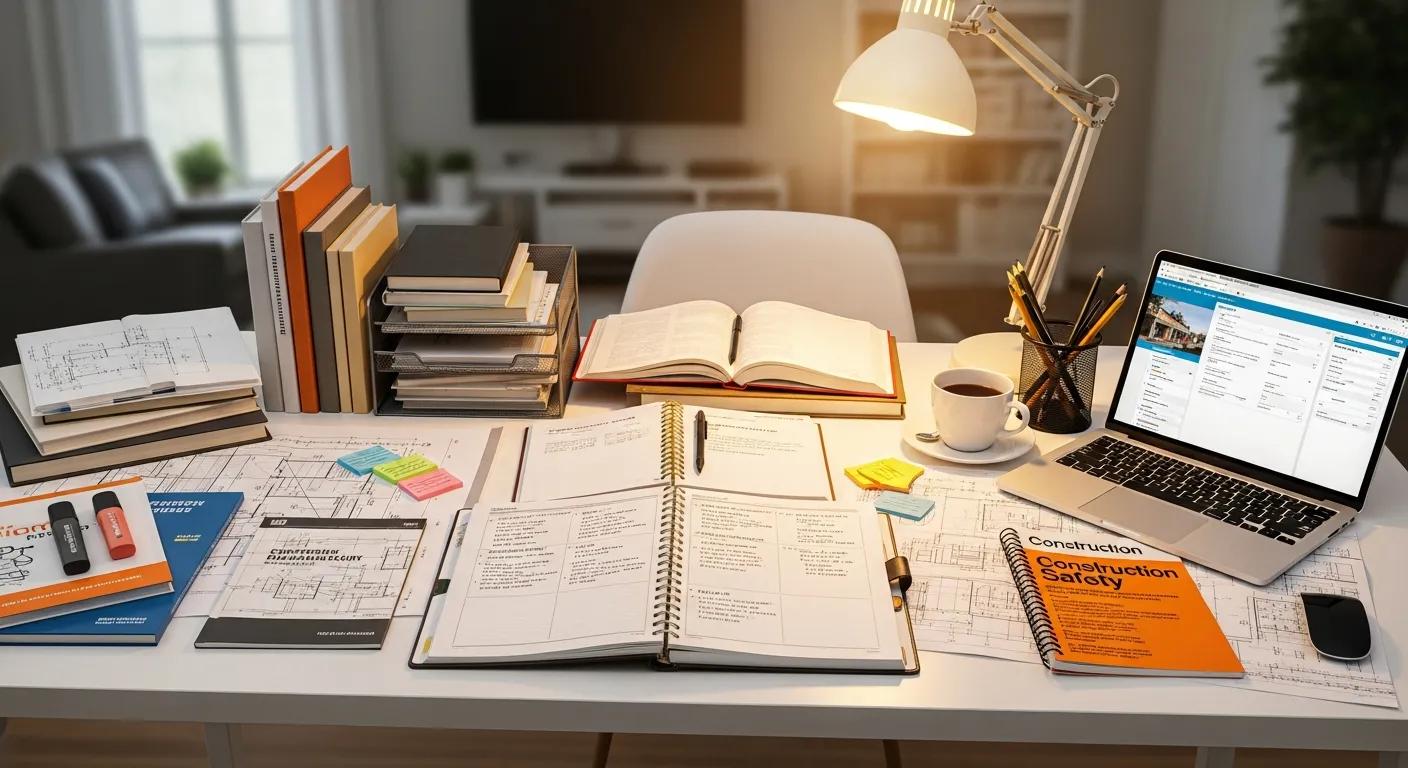 Desk cluttered with study materials, including books, notebooks, and a laptop, illustrating effective CCMP exam preparation.