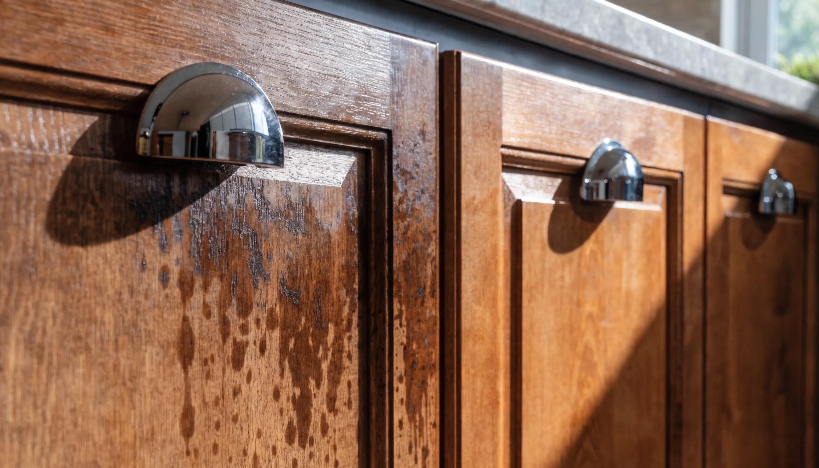 Close-up of kitchen cabinet door with dark stains indicating water damage and mold growth, emphasizing the importance of early detection