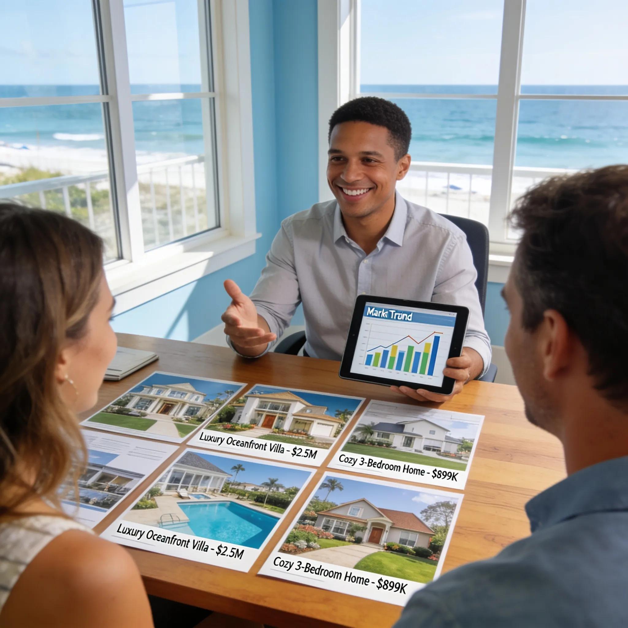 Agent explaining 2023 Solana Beach market trends against a coastal backdrop