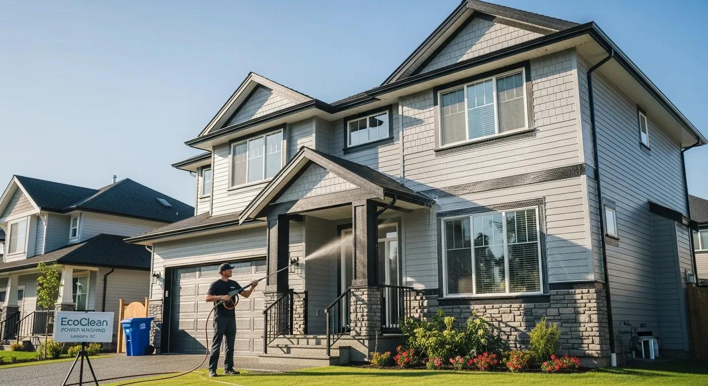 Professional house washing service in Langley, BC, showcasing eco-friendly cleaning methods on a residential home
