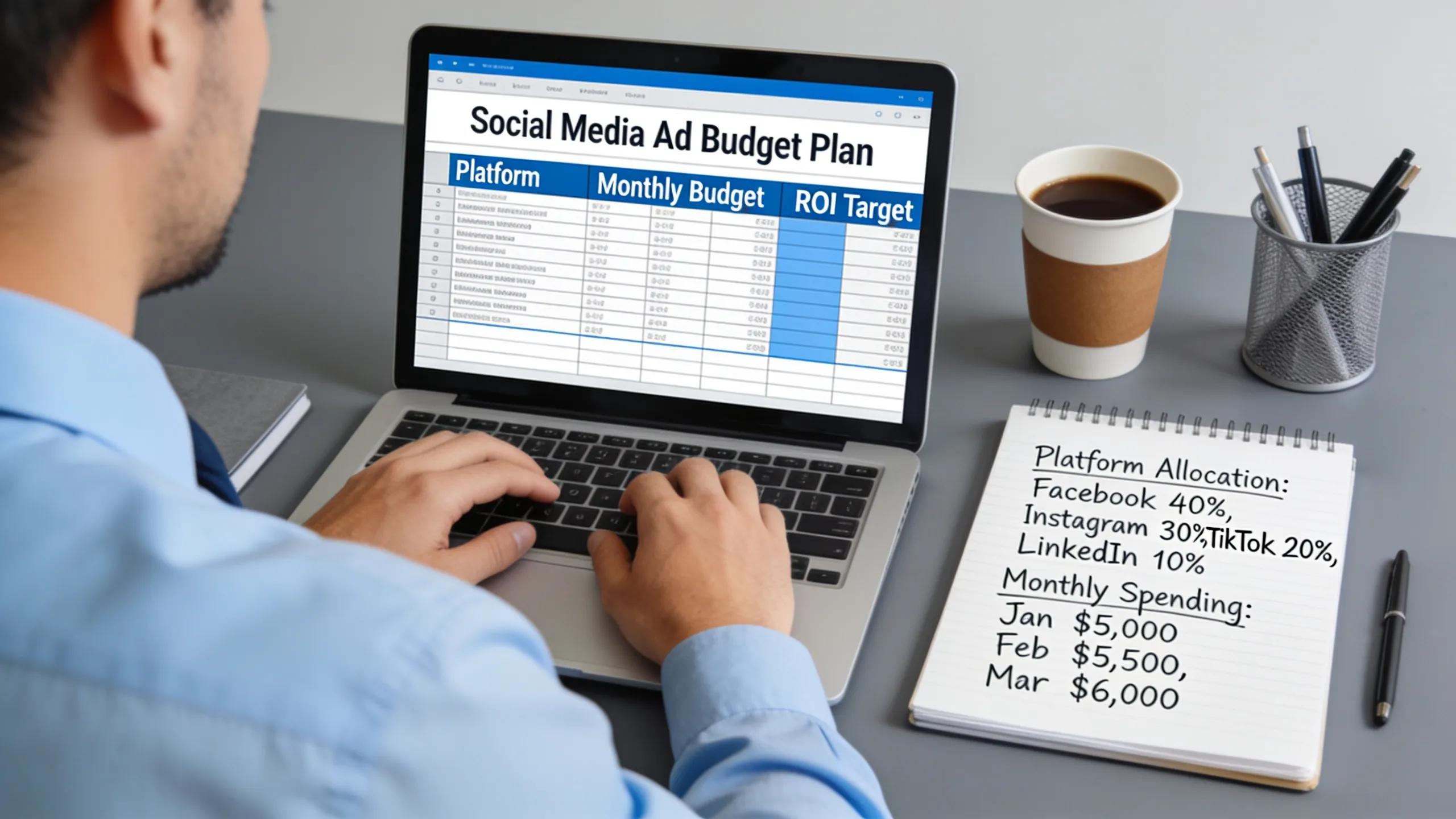 Professional planning social media ad budget with laptop and planner
