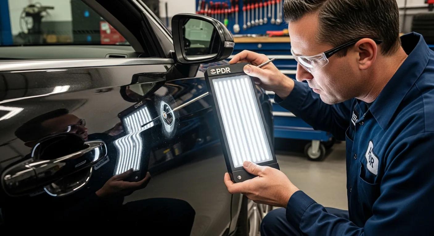 Technician performing paintless dent repair on a car, showcasing expertise in auto scratch repair