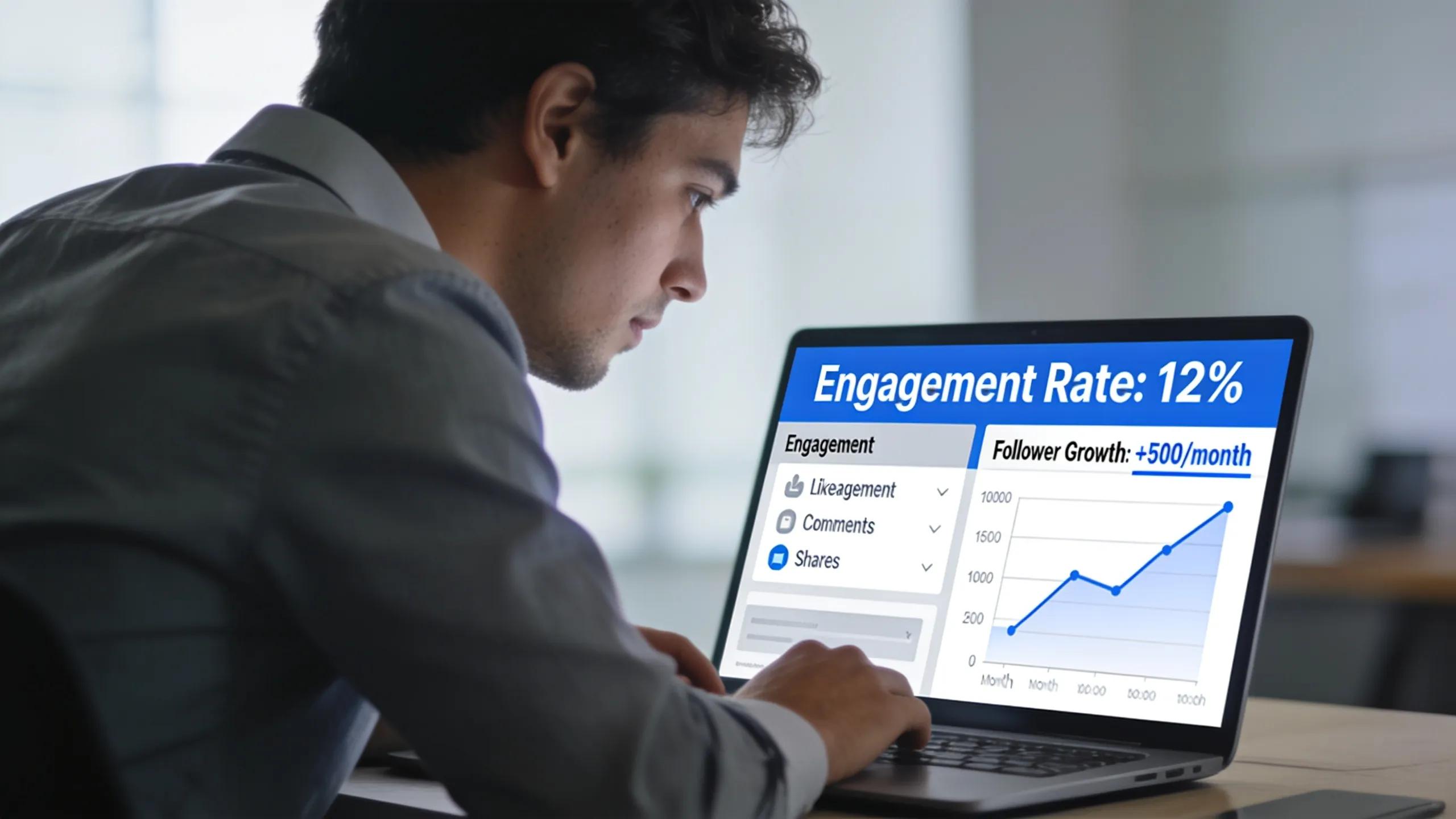 Person analyzing social media metrics focusing on engagement and follower growth