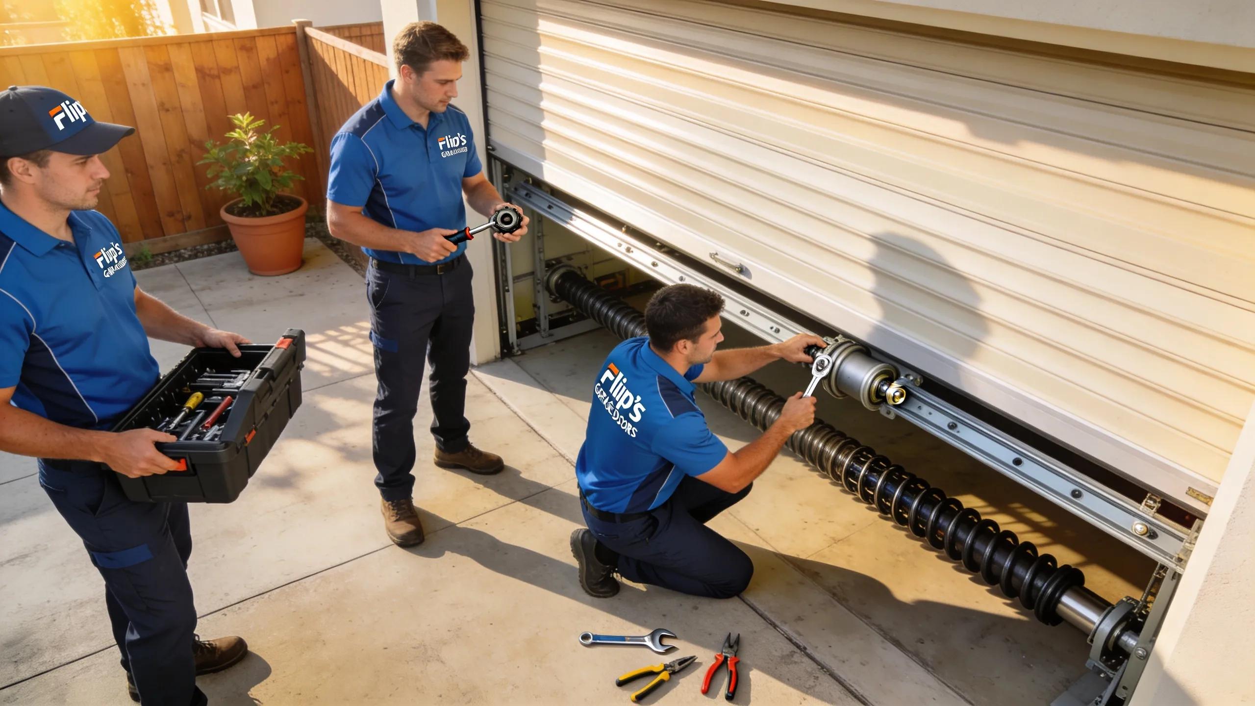 Technicians repairing a roller door, showcasing residential roller door repair services