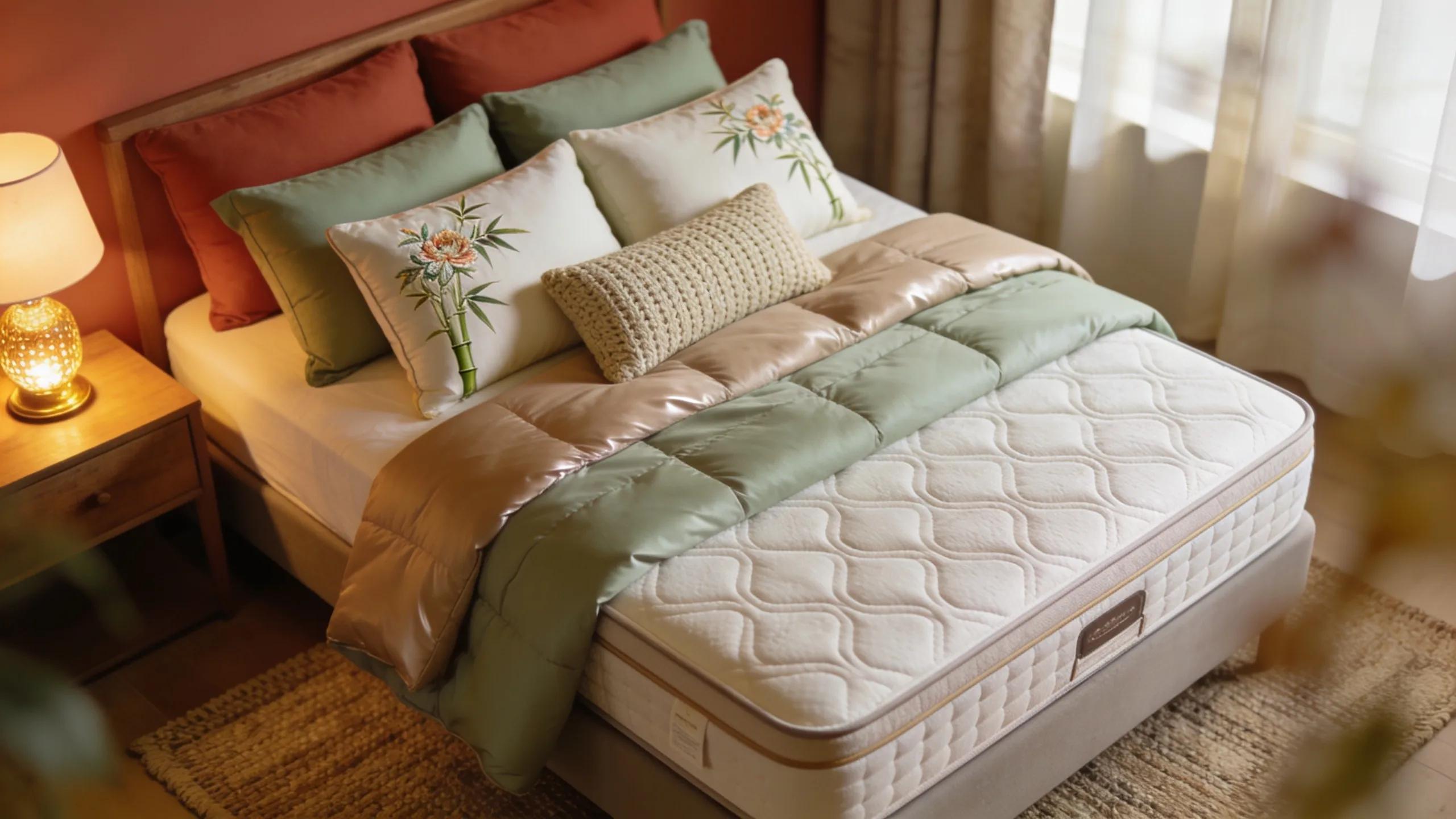Cozy bed with cooling mattress topper and bamboo sheets representing sleep comfort