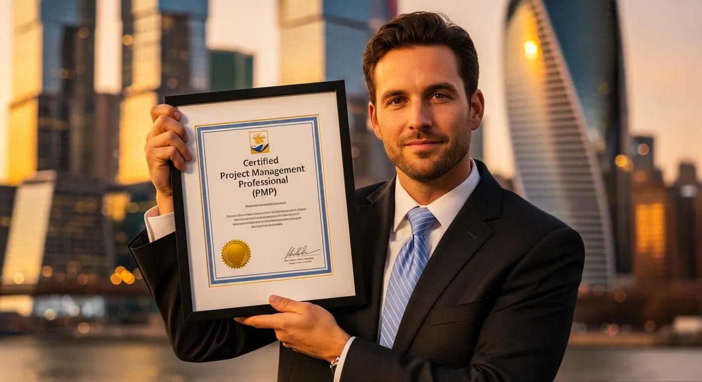Man in suit holding Certified Project Management Professional (PMP) certificate with city skyline in background.