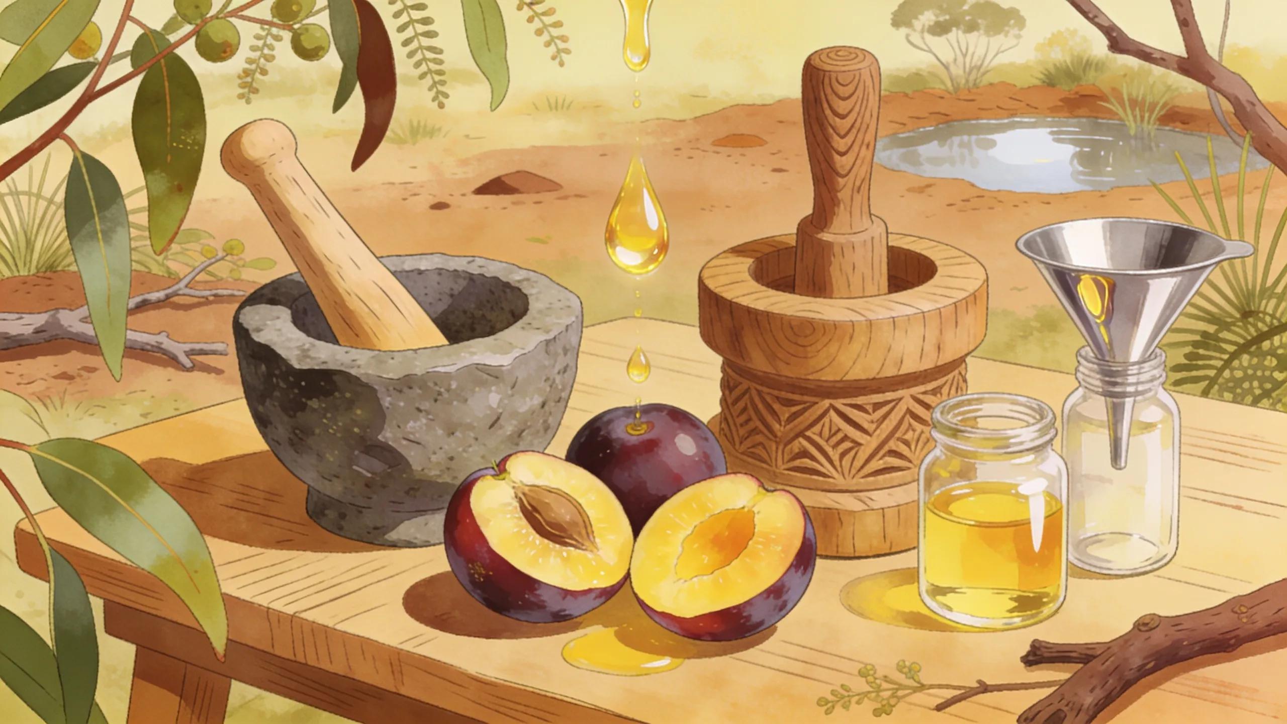 Cold-press extraction of Kakadu plum oil depicted with traditional tools, representing natural and indigenous processing