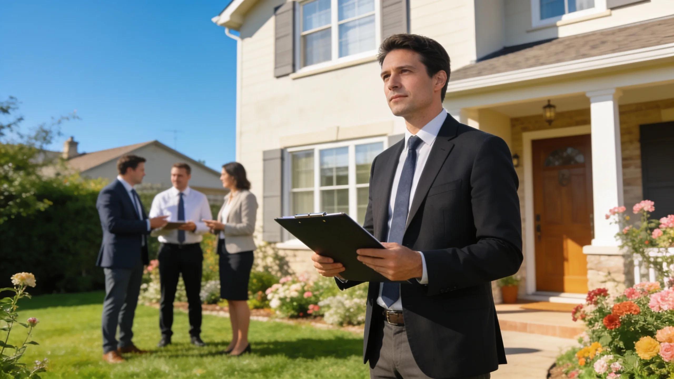 Executor evaluating property for probate sale with documents in hand outside a house