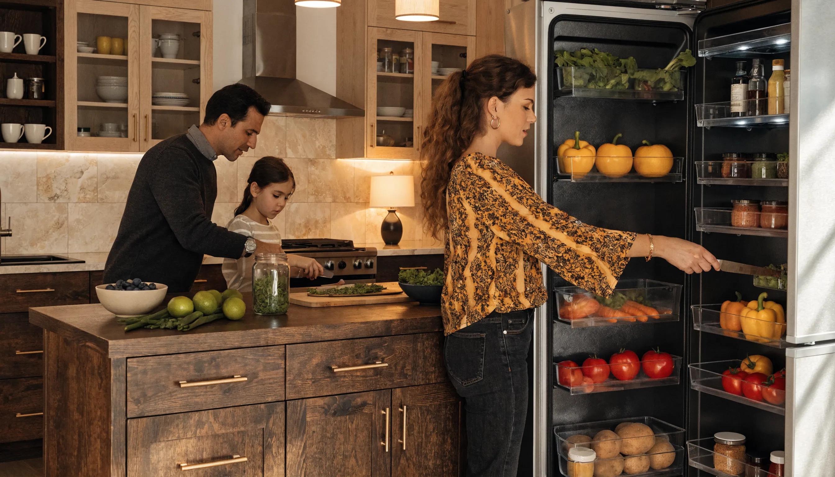 Modern kitchen with a well-stocked refrigerator and family preparing food, highlighting the importance of refrigerator functionality